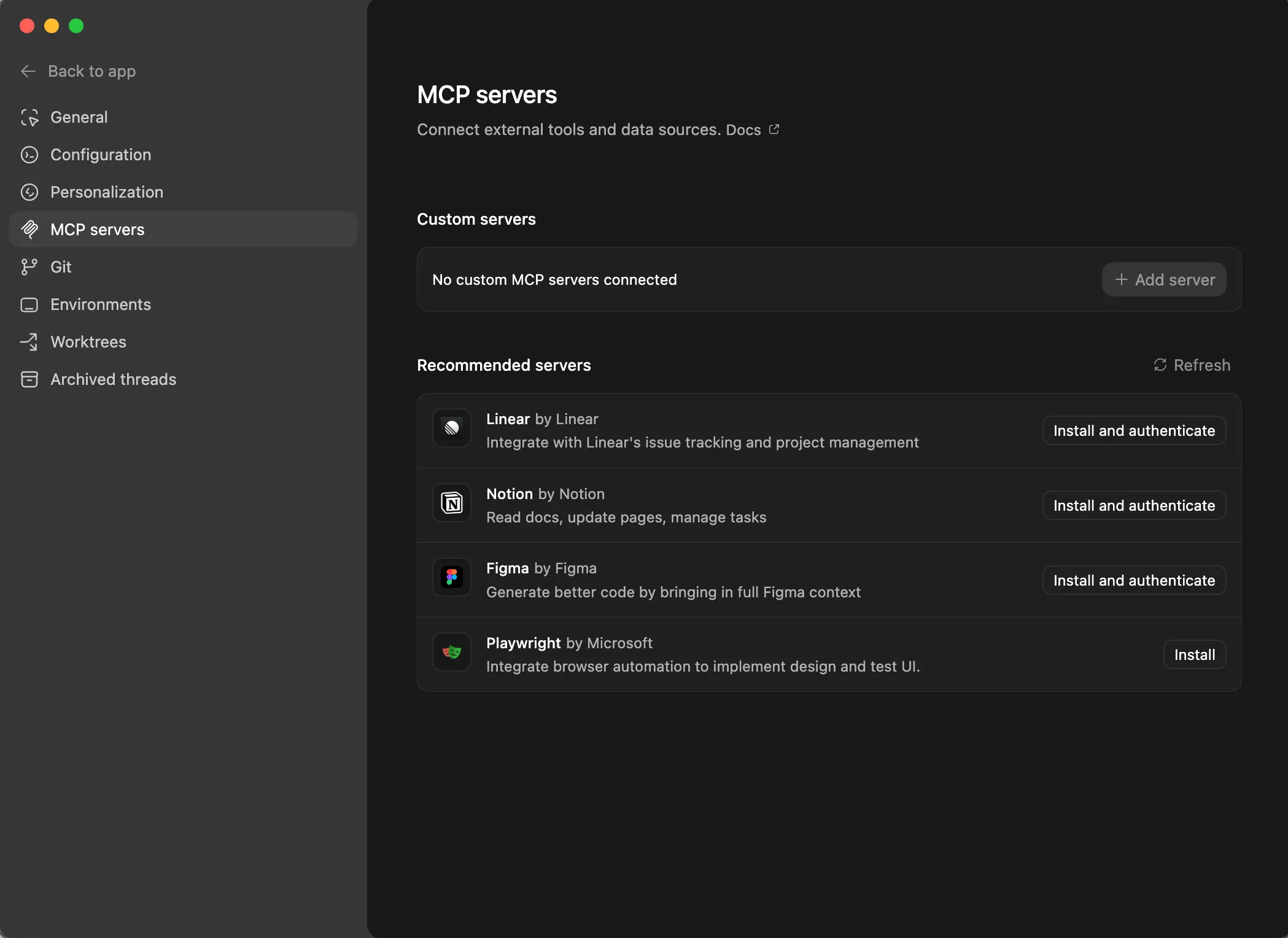 Codex Desktop Settings showing MCP Servers