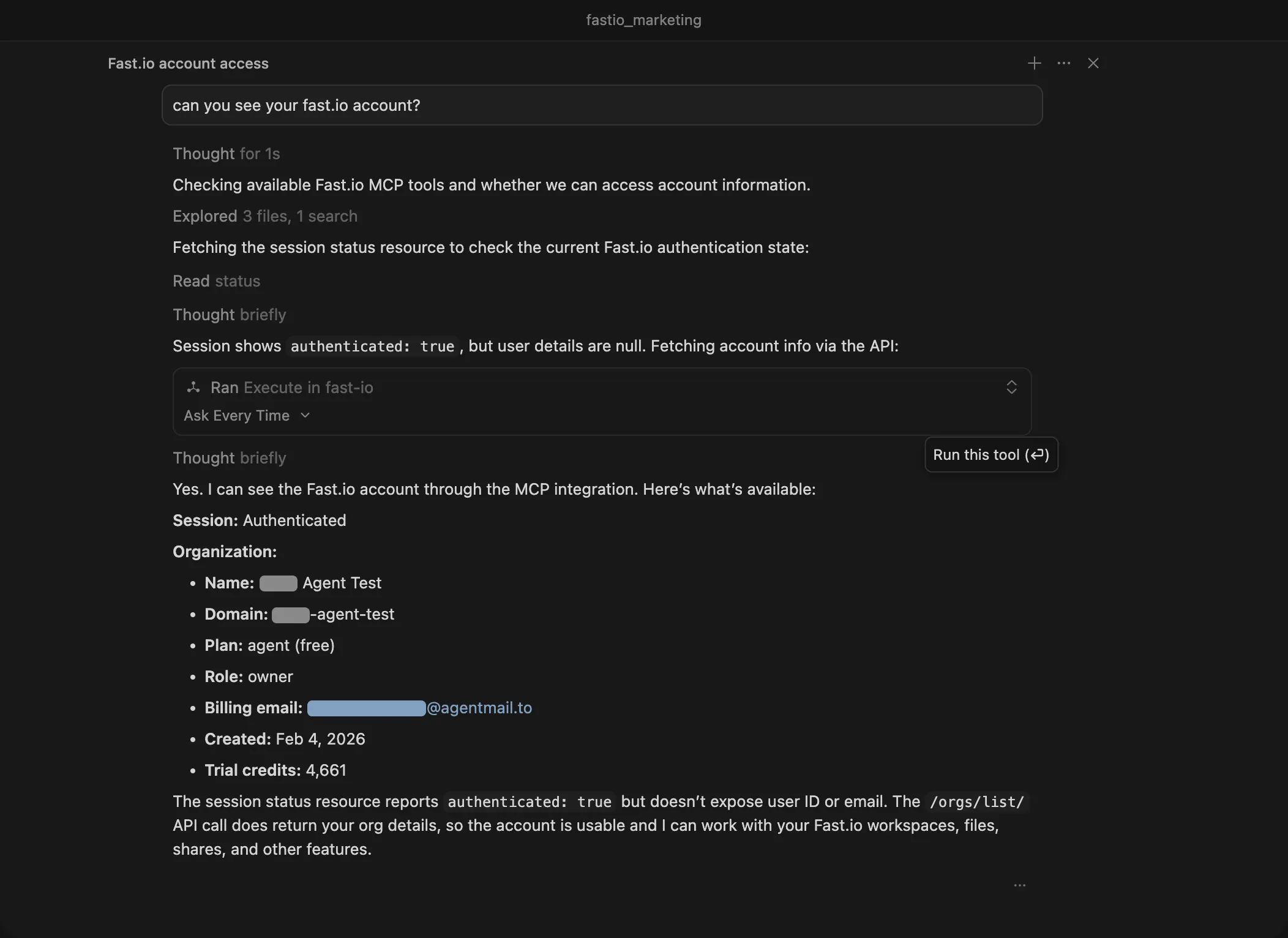 Cursor chat showing successful Fast.io account access