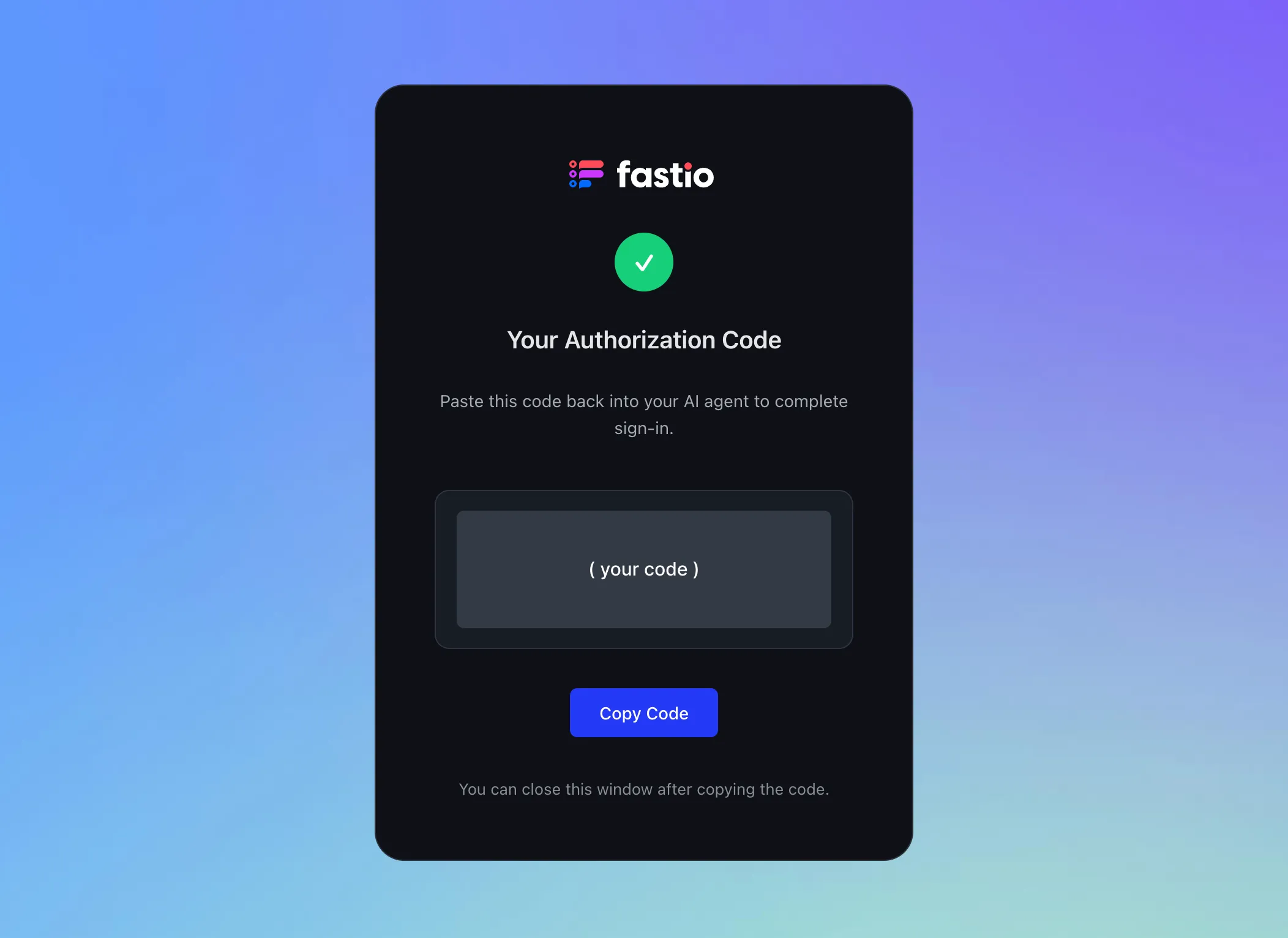 Fast.io authorization code page with Copy Code button