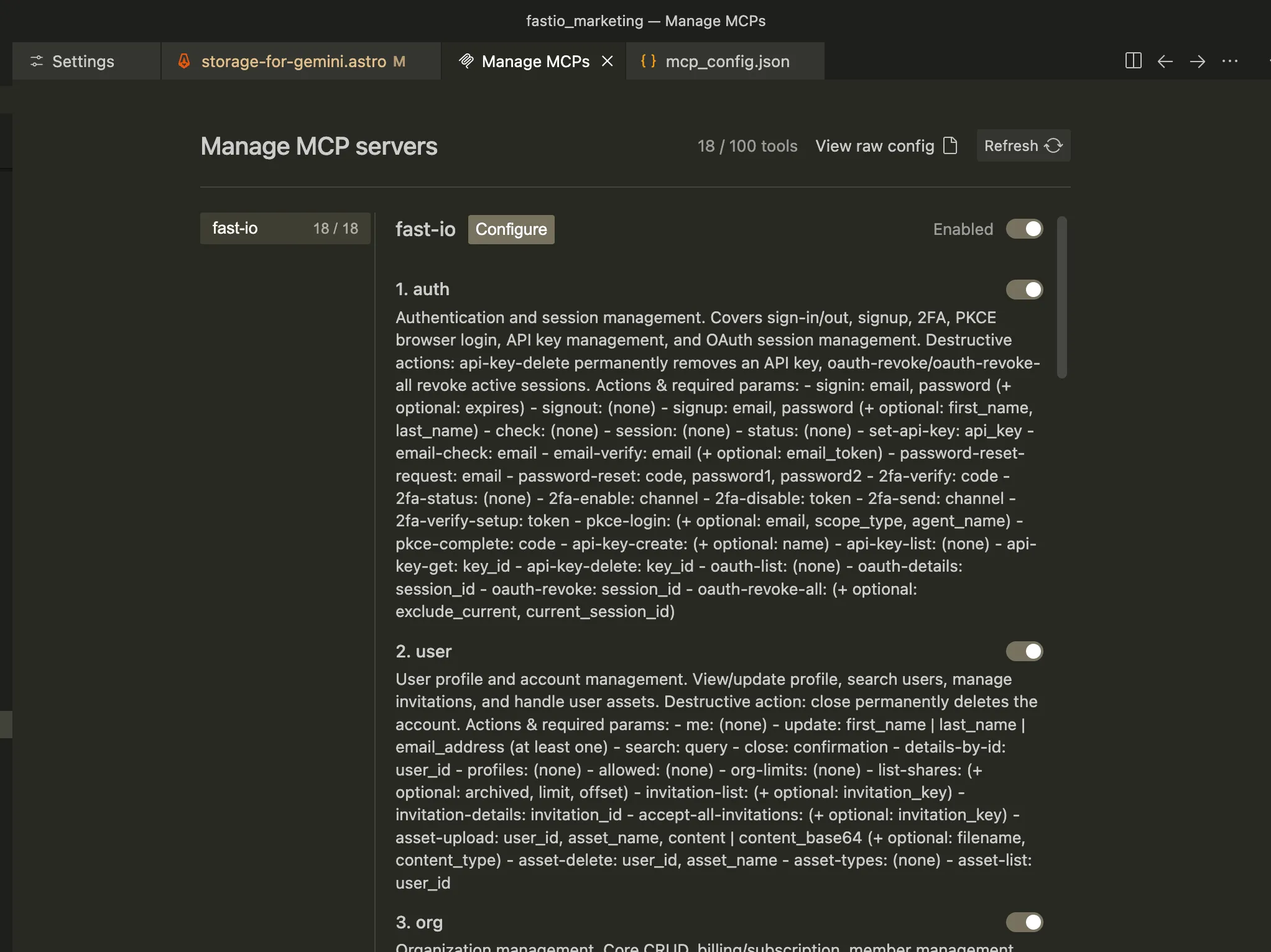 Manage MCPs showing Fastio server connected with tools