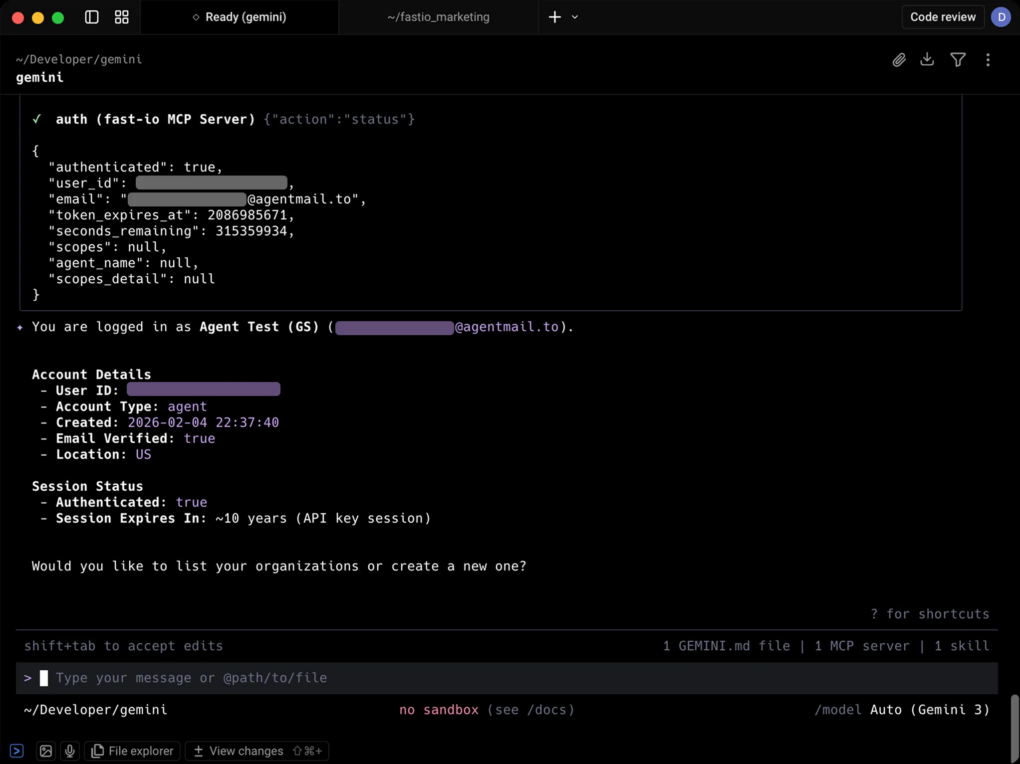 Gemini CLI authenticated and showing Fastio account details