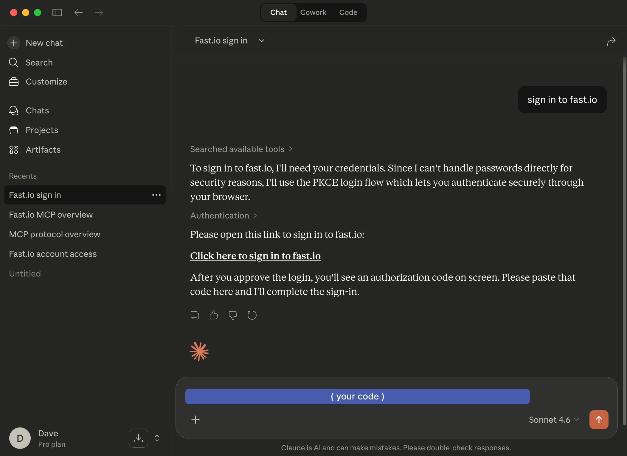 Claude Desktop chat with authorization code pasted