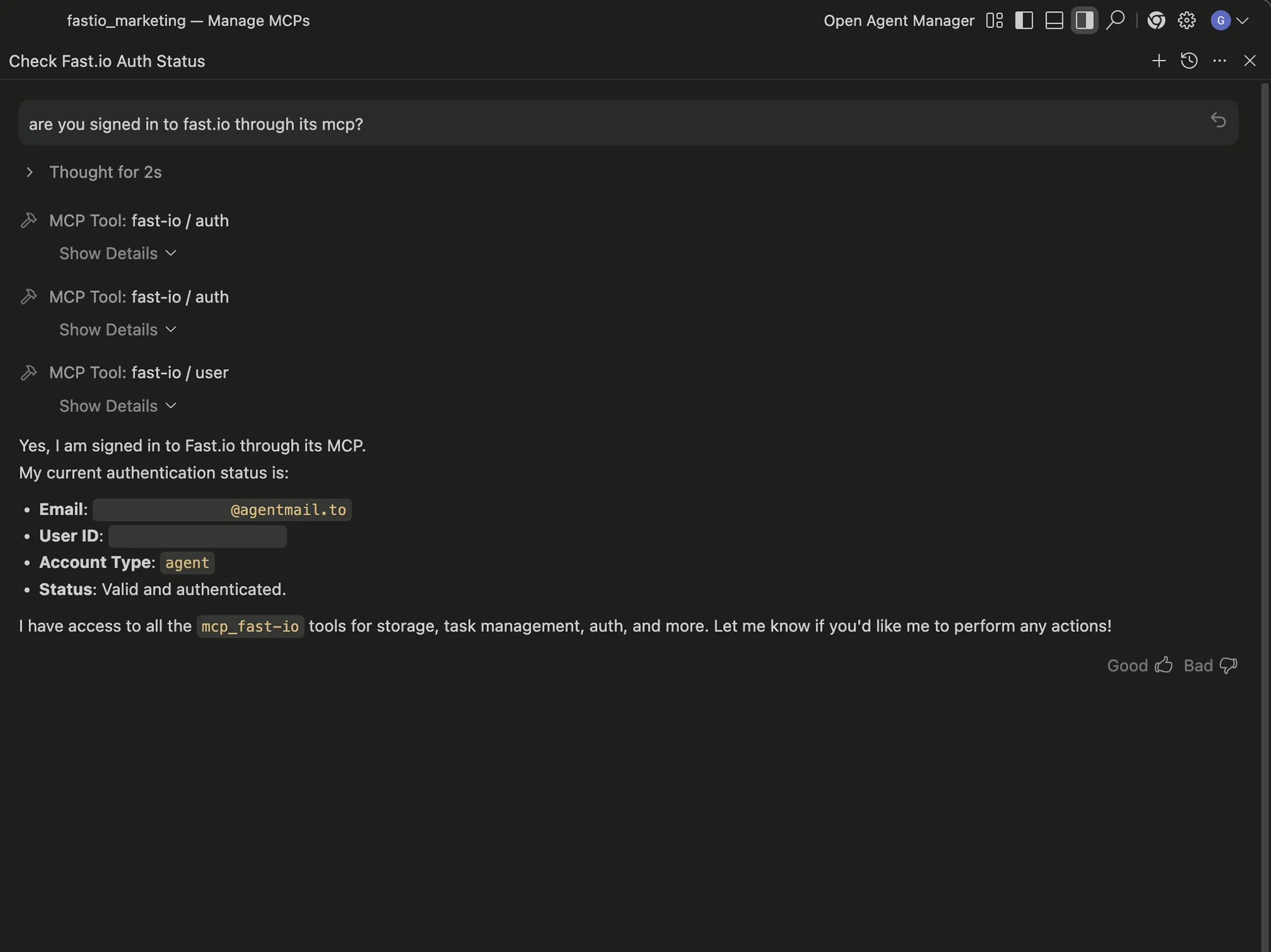 Antigravity IDE agent confirming Fastio authentication