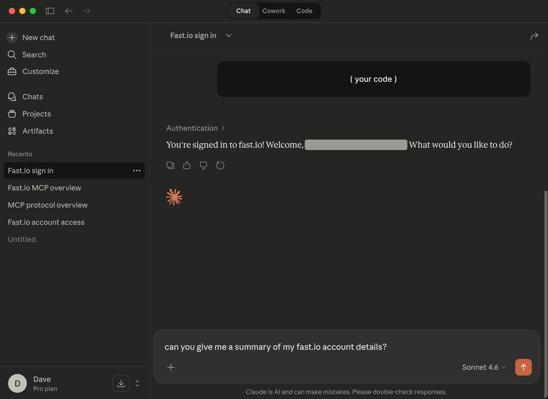 Claude Desktop confirming successful Fast.io sign-in