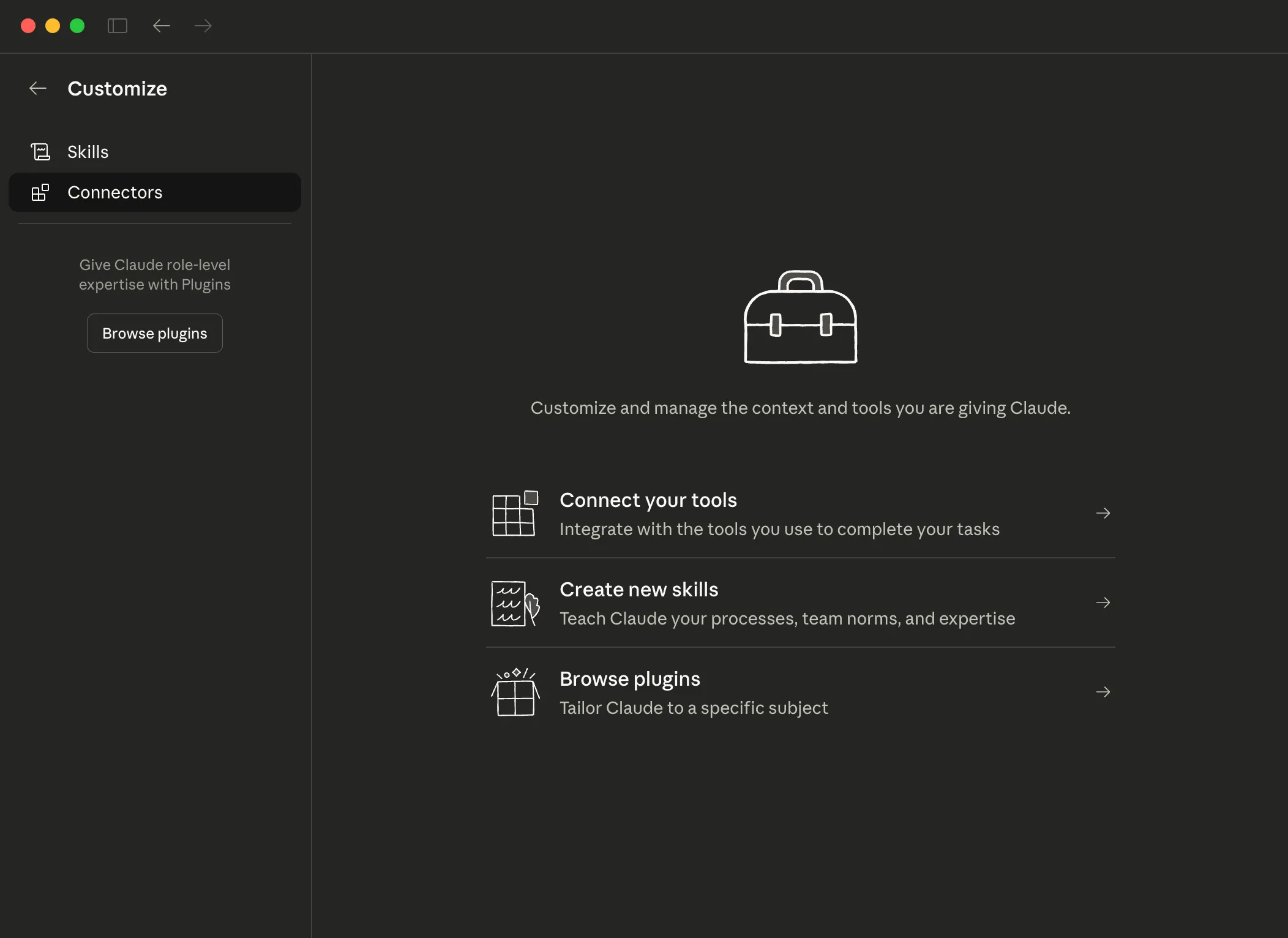 Claude Desktop Customize page showing Connectors section