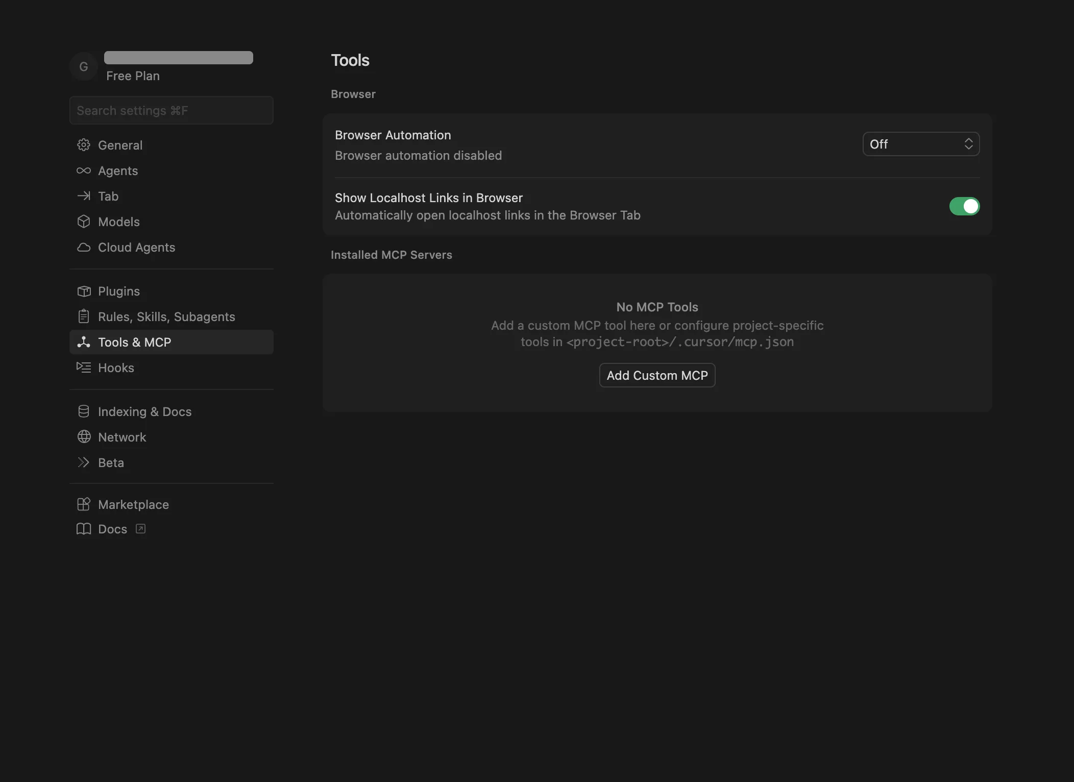 Cursor Settings showing Tools & MCP section