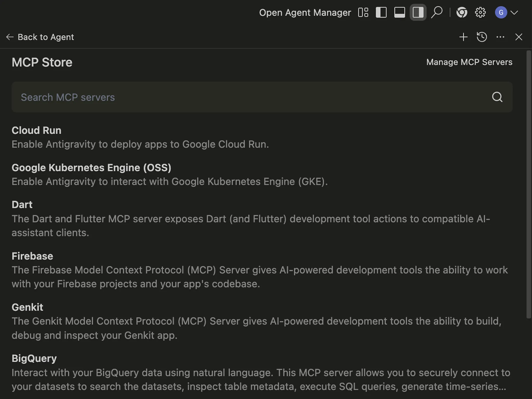 Antigravity IDE MCP Store with Manage MCP Servers link