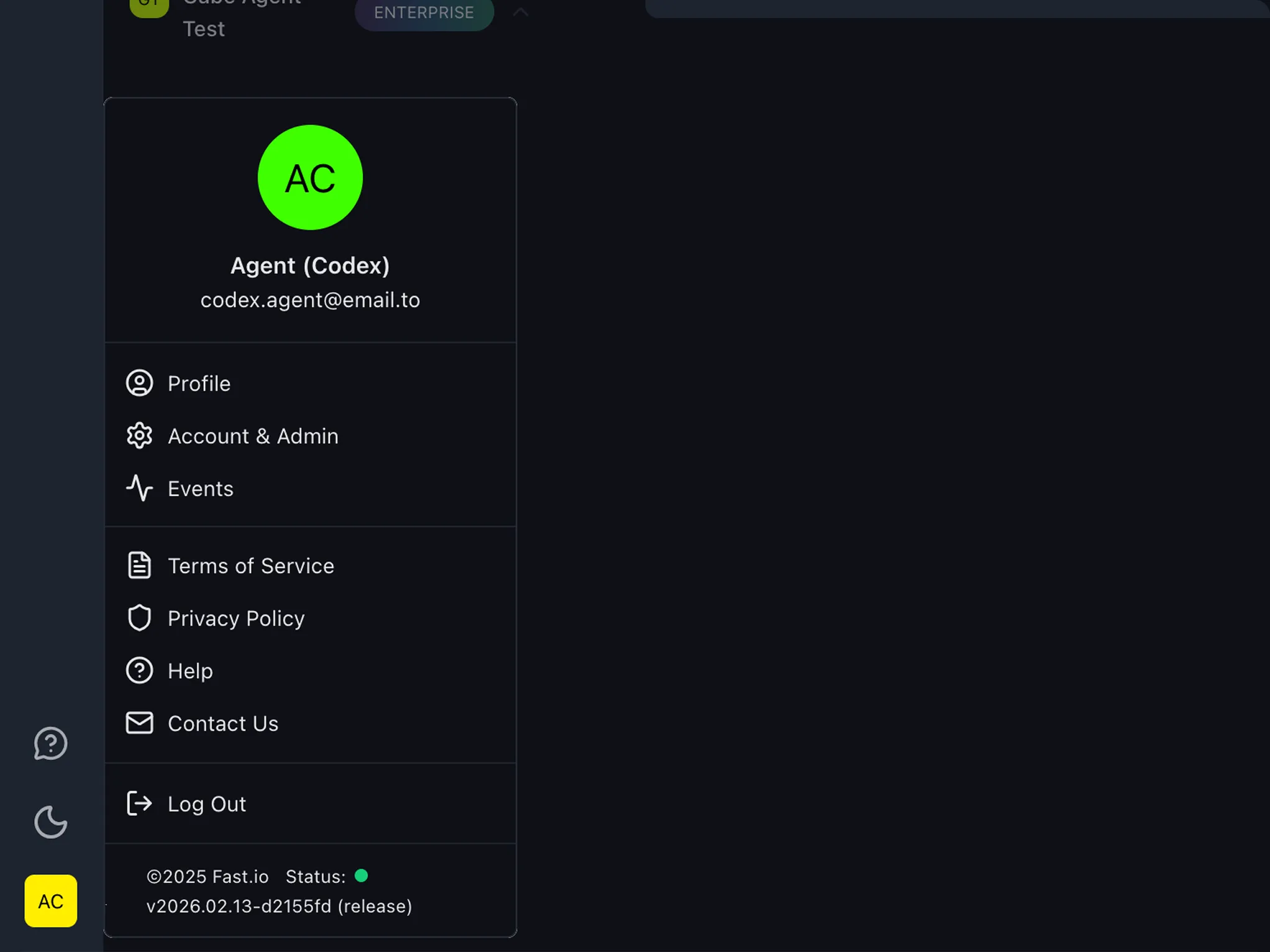 Fast.io user menu showing Account & Admin option