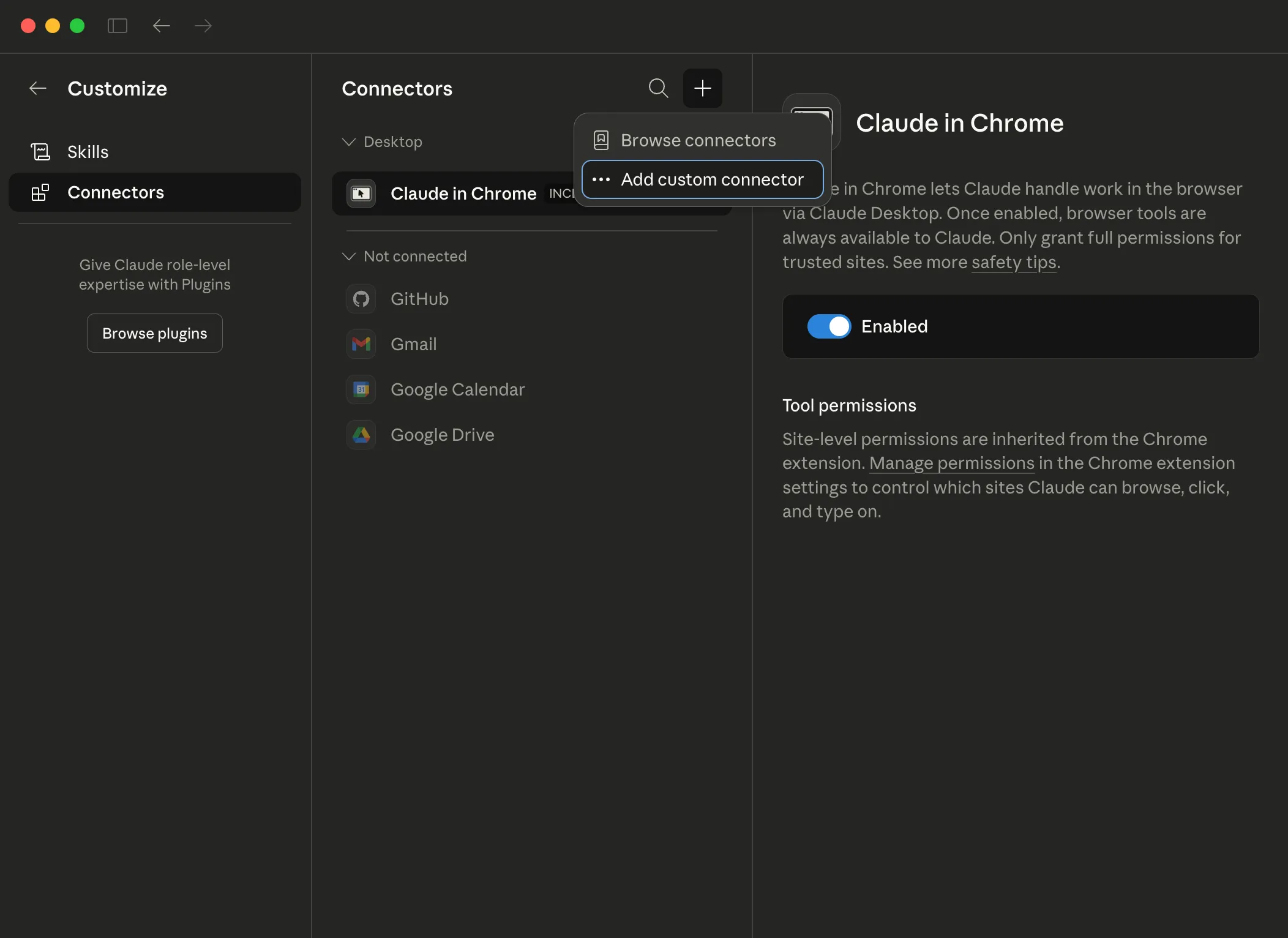 Claude Desktop Connectors list with Add custom connector dropdown