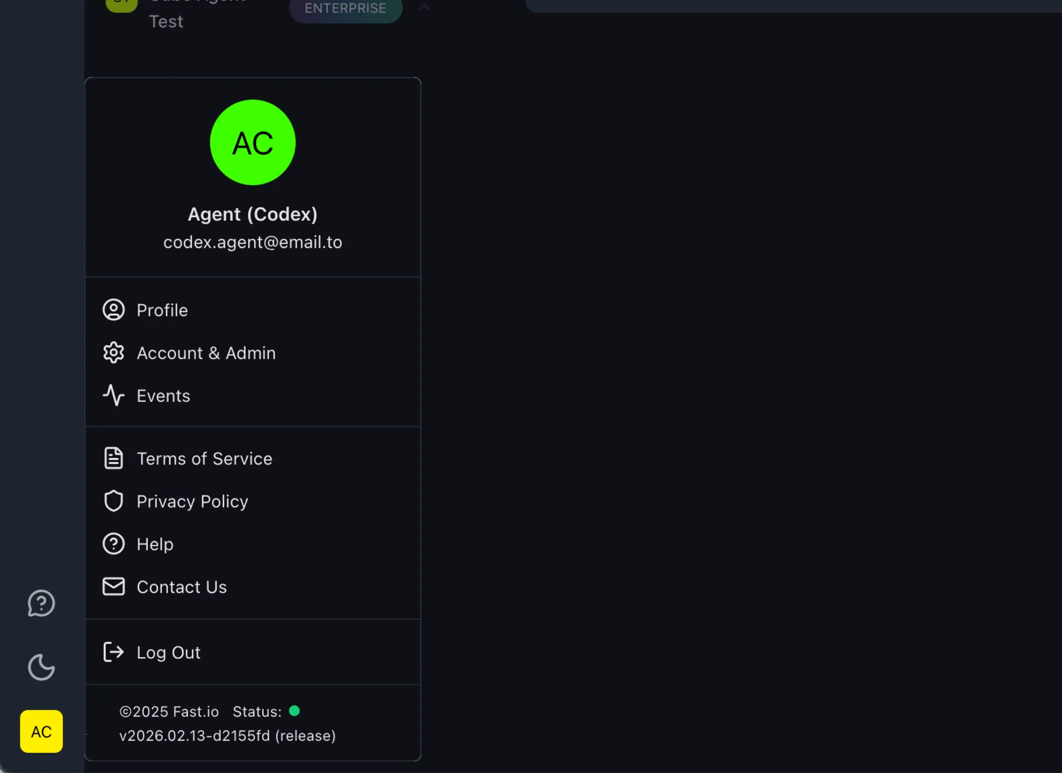 Fastio user menu showing Account & Admin option