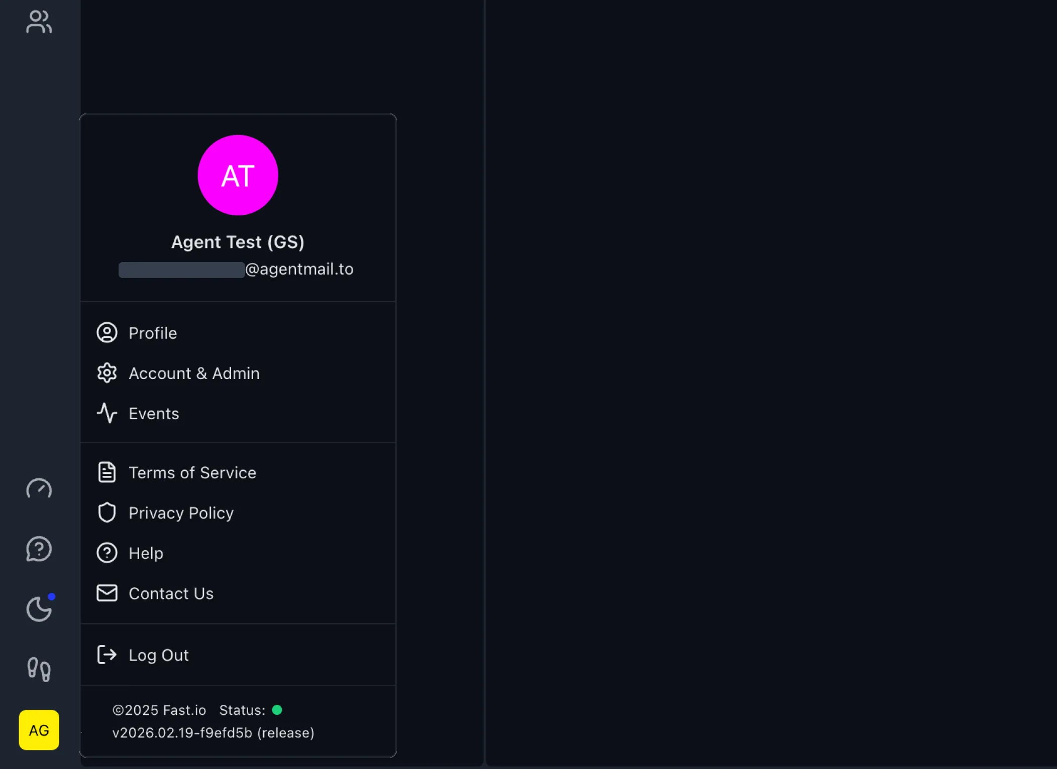 Fast.io user menu showing account options