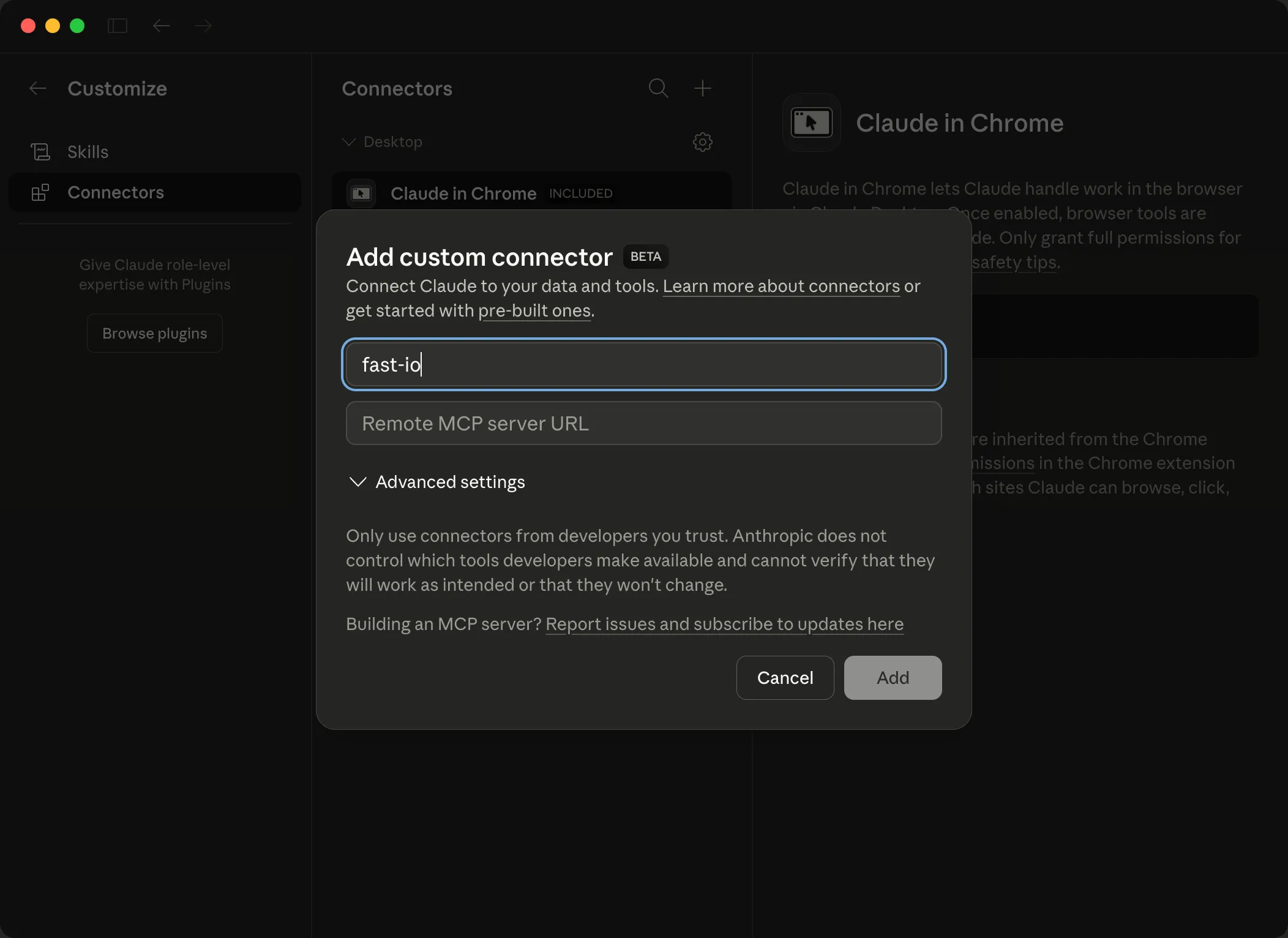Add custom connector dialog with fast-io name entered