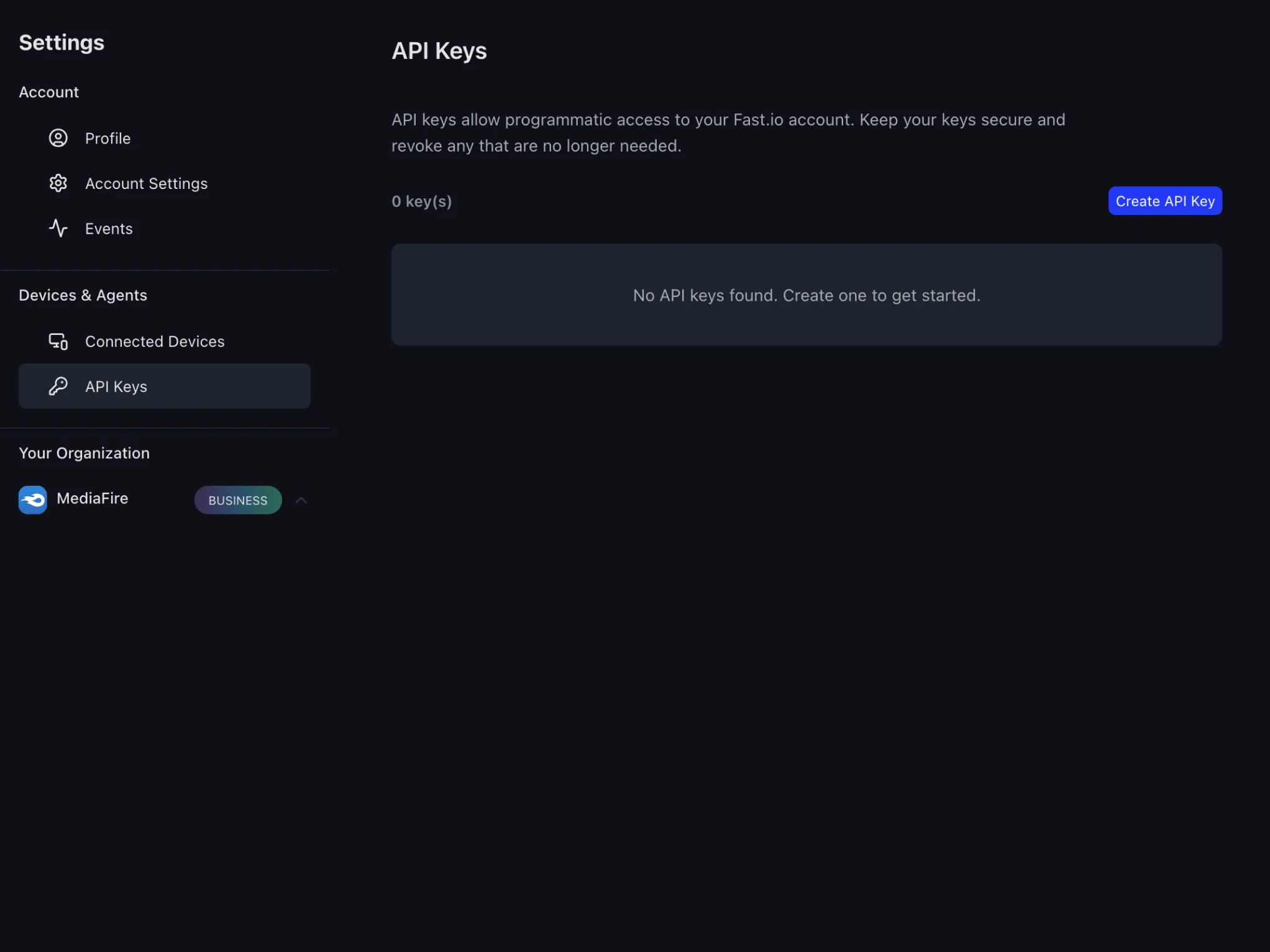 Fast.io Settings API Keys page