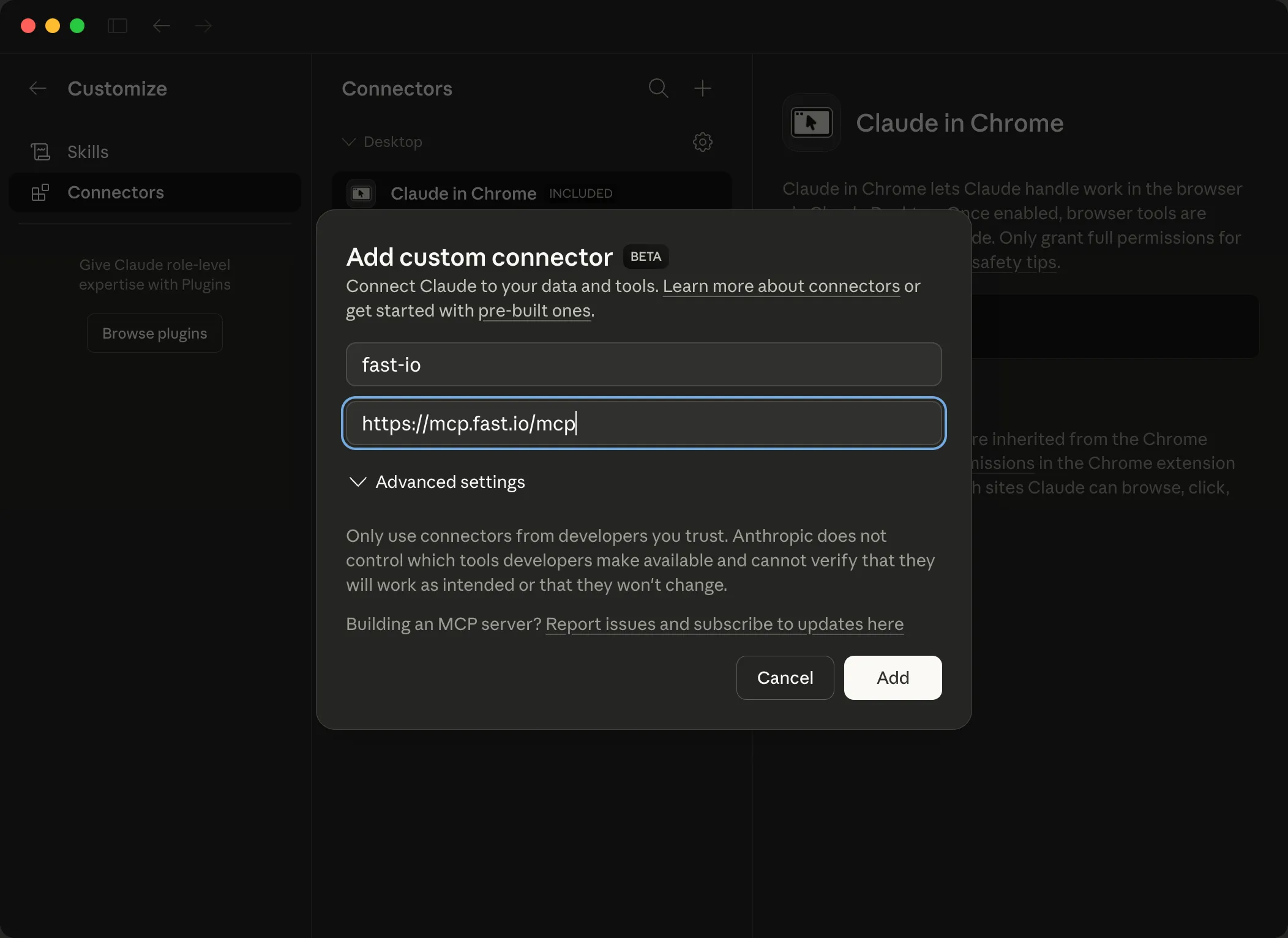 Add custom connector dialog with MCP URL filled in