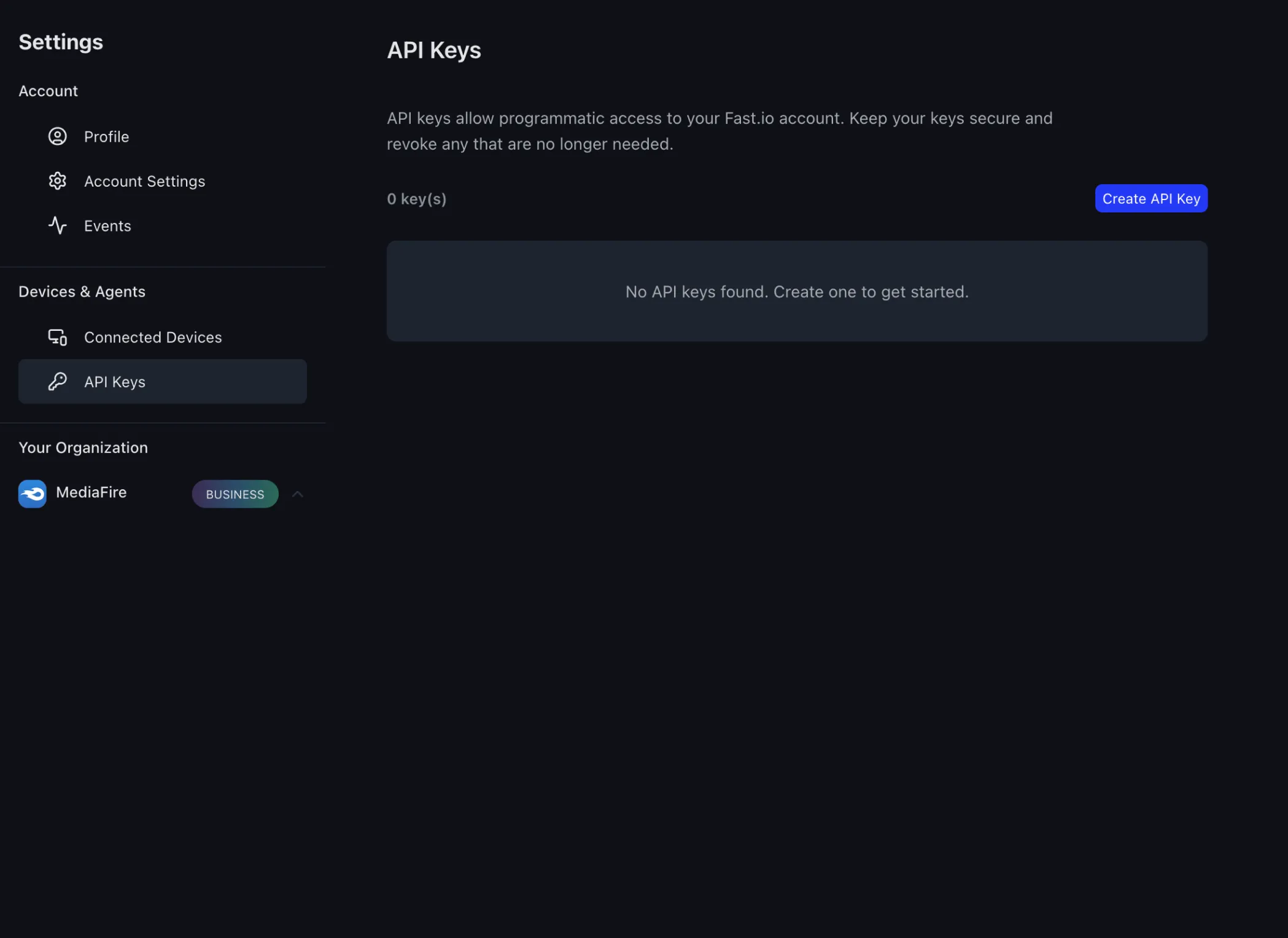 Fast.io Settings API Keys page