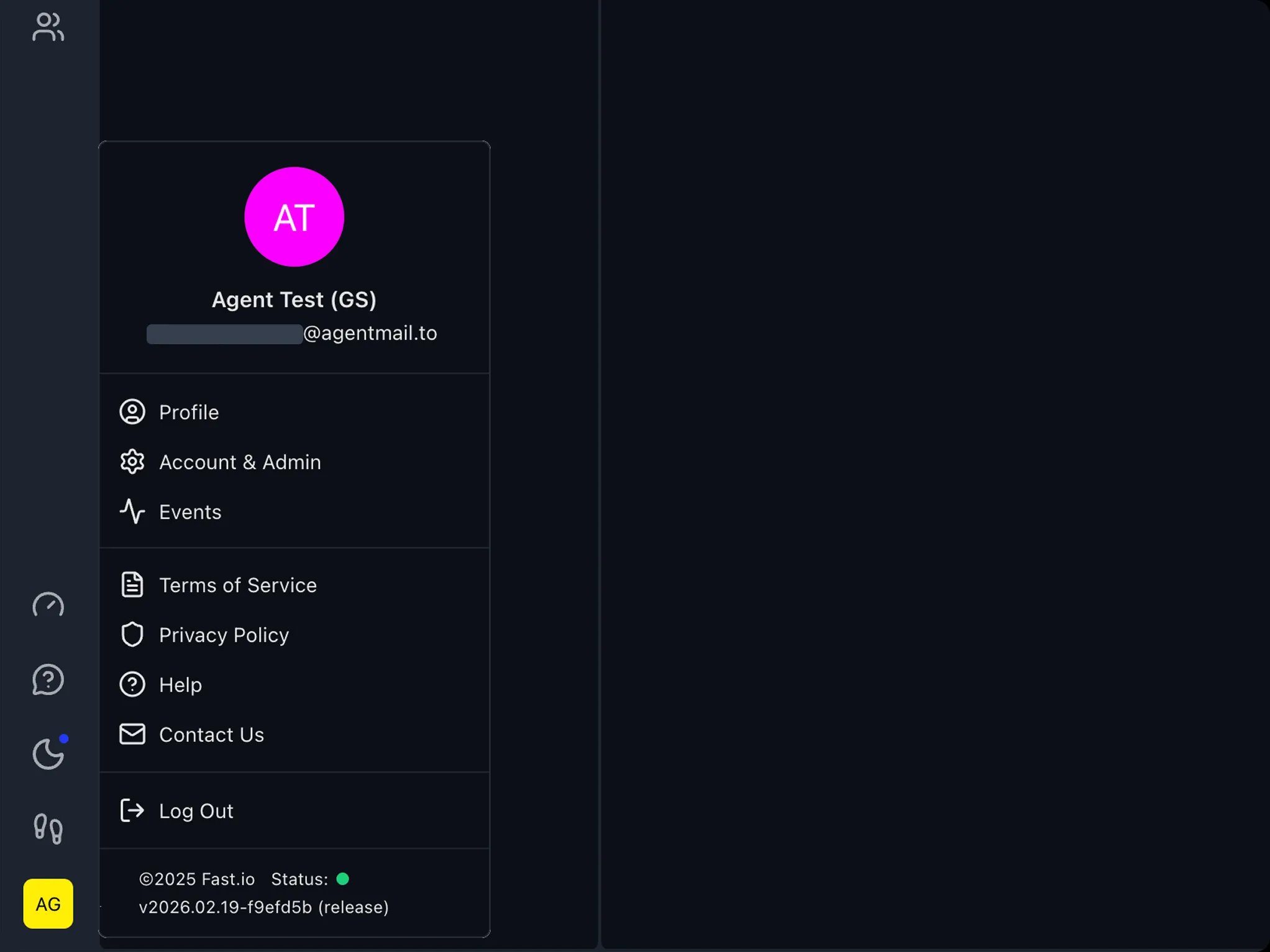Fast.io user menu showing Account & Admin option