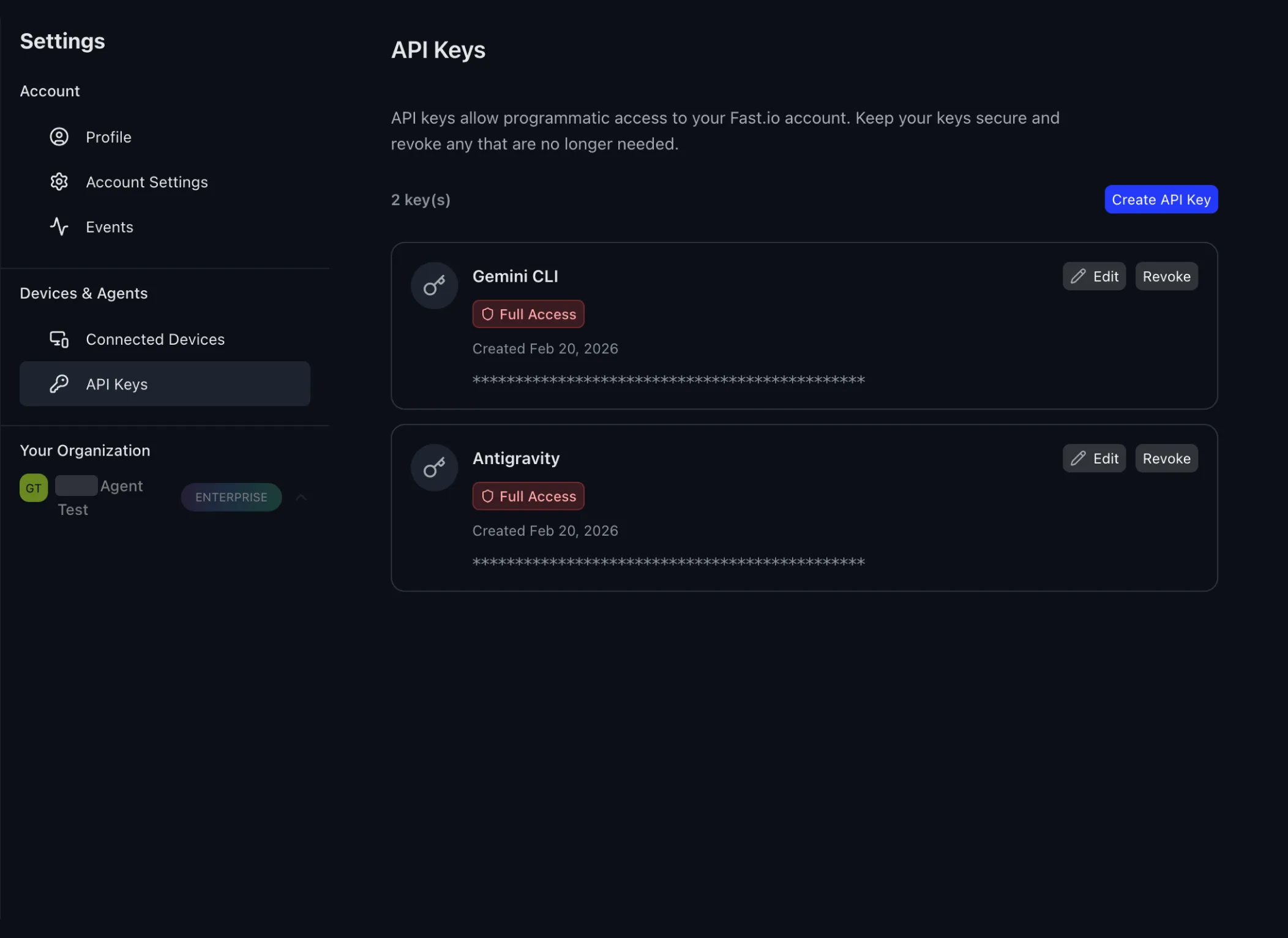 Fast.io Settings showing API Keys section