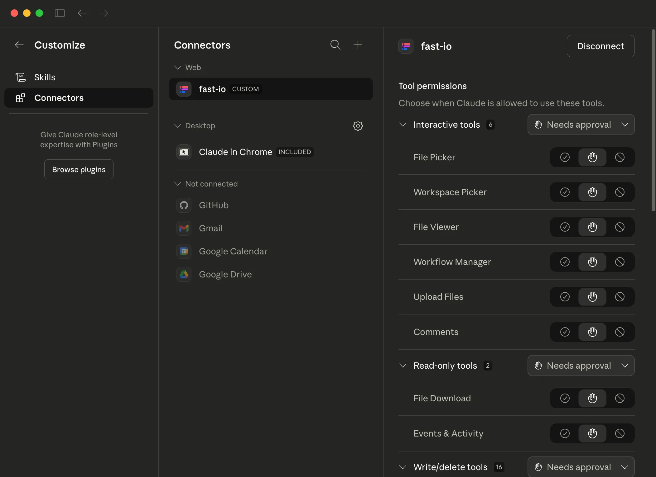 Claude Desktop Fast.io connector with tool permissions