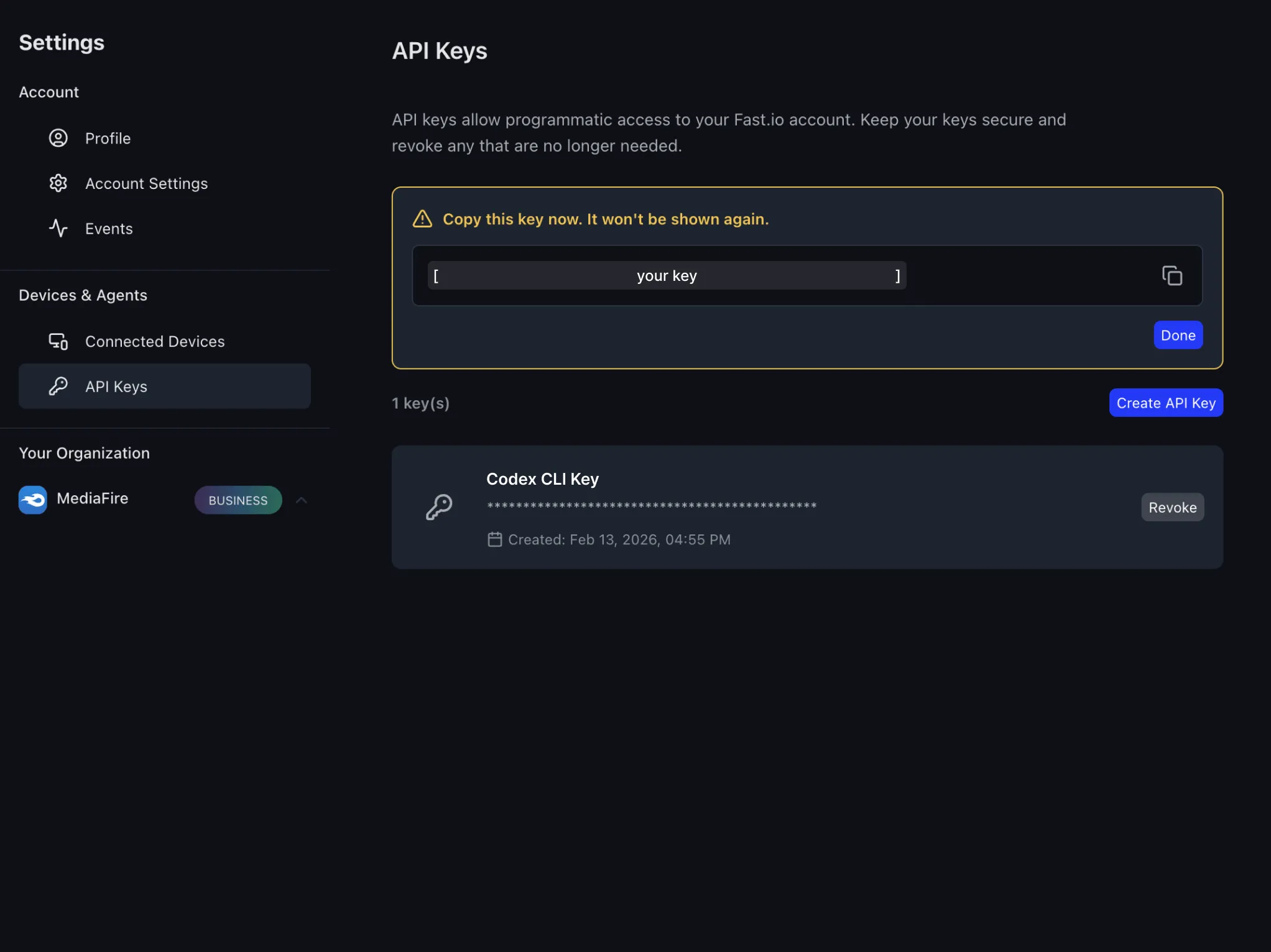 Fast.io API key created with copy warning