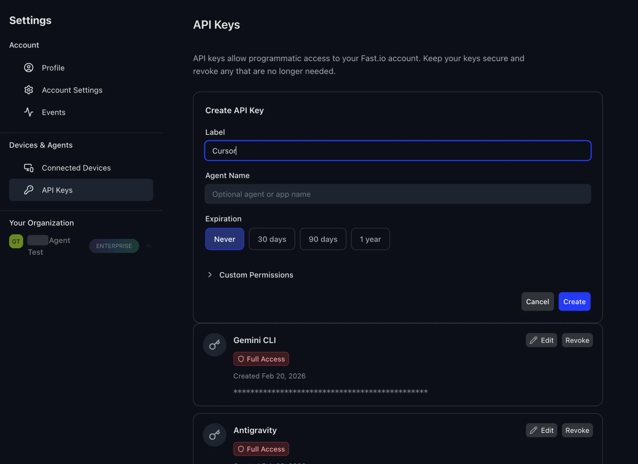 Create API Key dialog with Cursor label