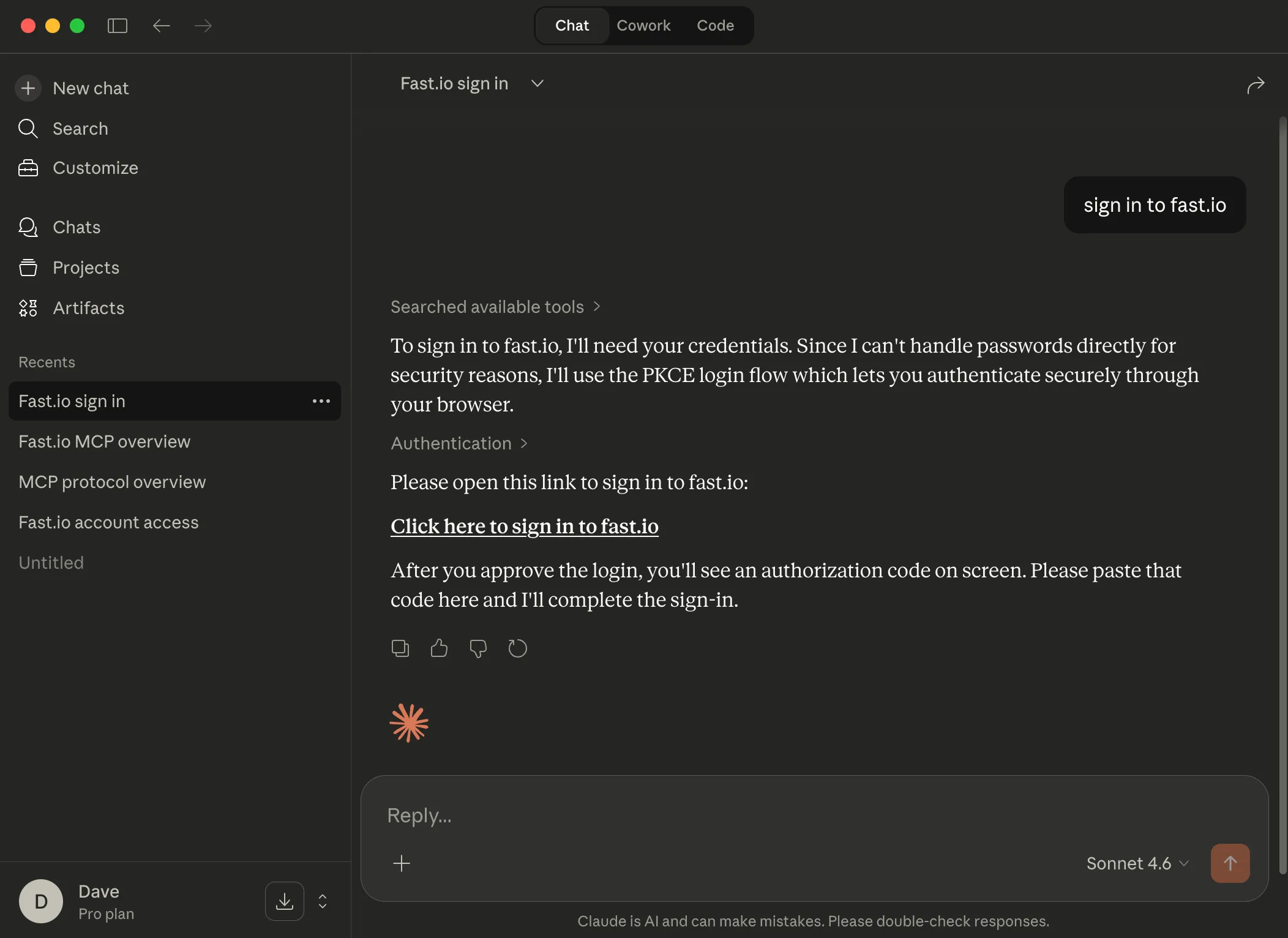 Claude Desktop chat with sign-in link for Fast.io