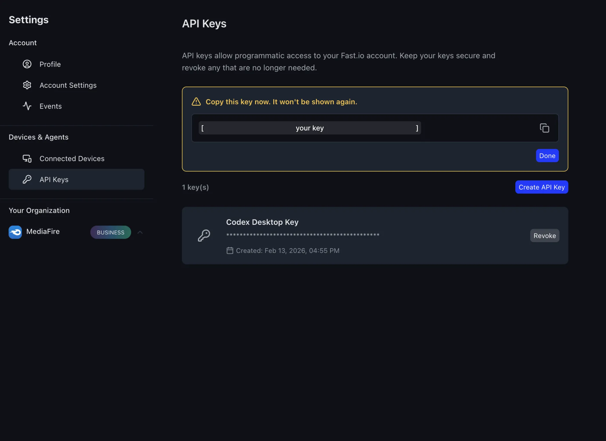 Fast.io API key created with copy warning