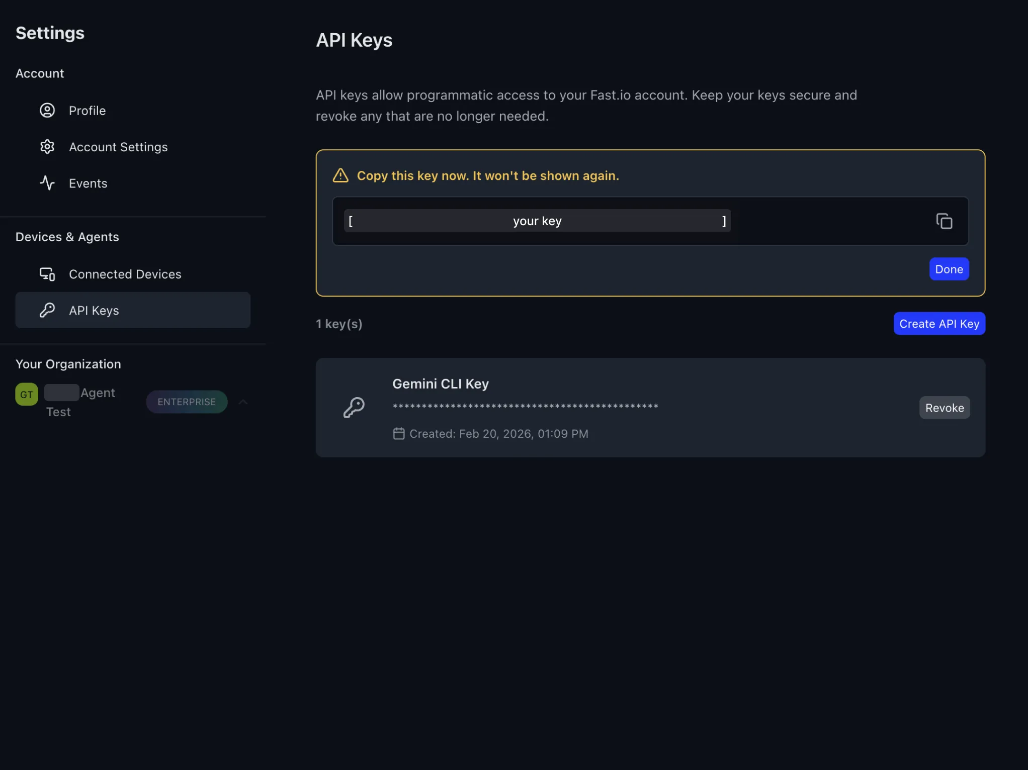 Fastio API key created with copy warning