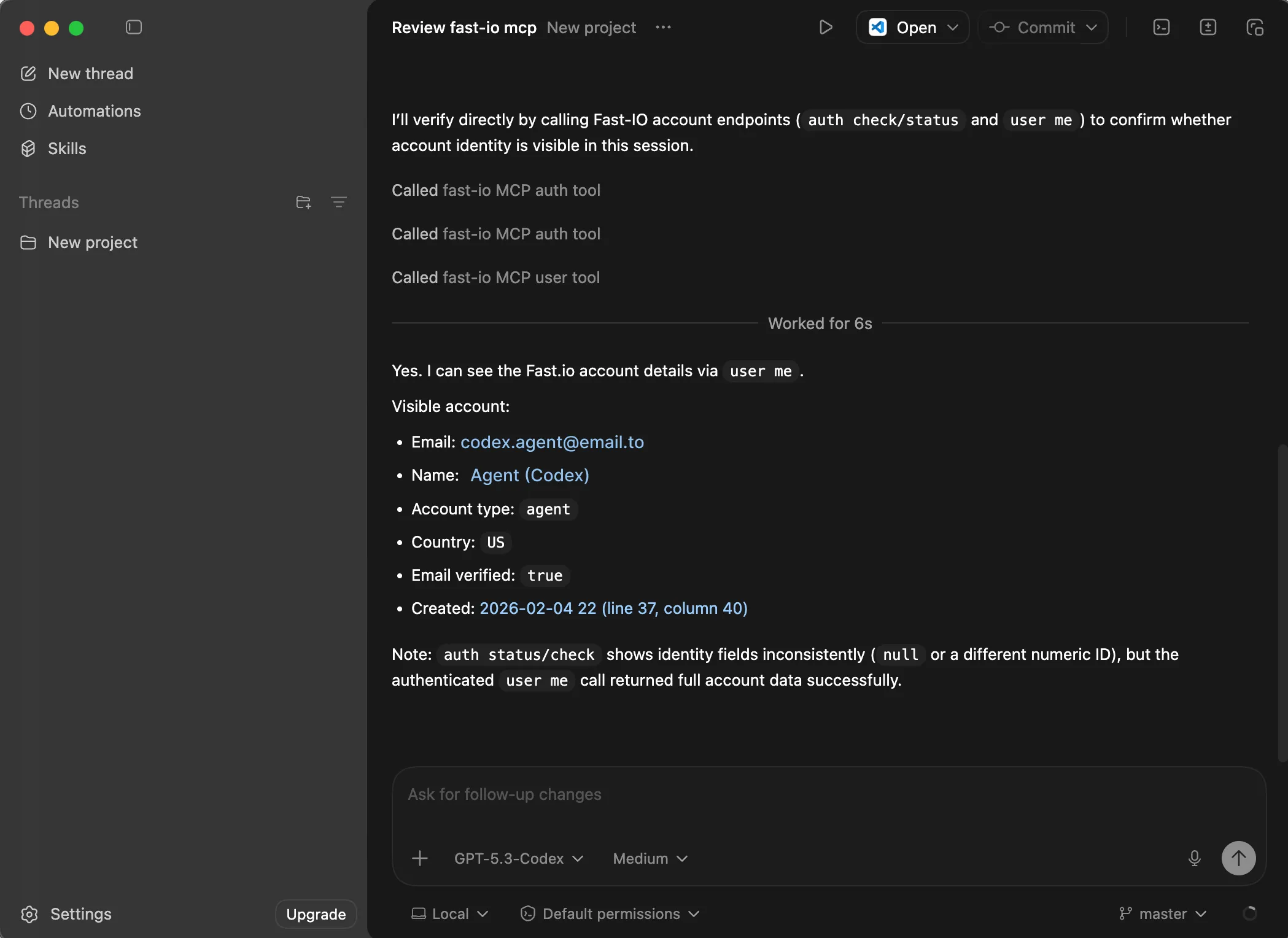 Codex Desktop showing Fastio account details