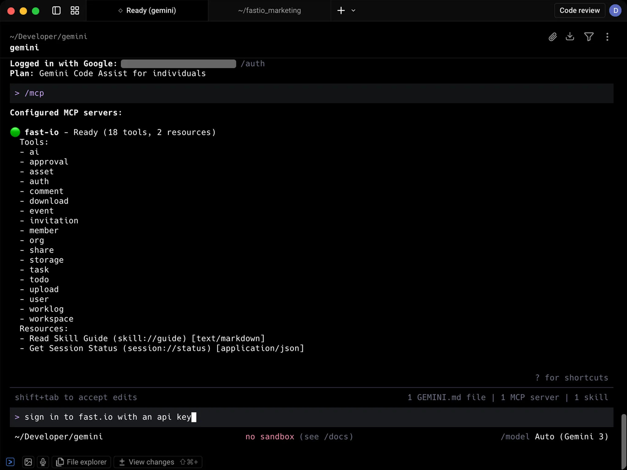 Gemini CLI with prompt to sign in to Fast.io with an API key