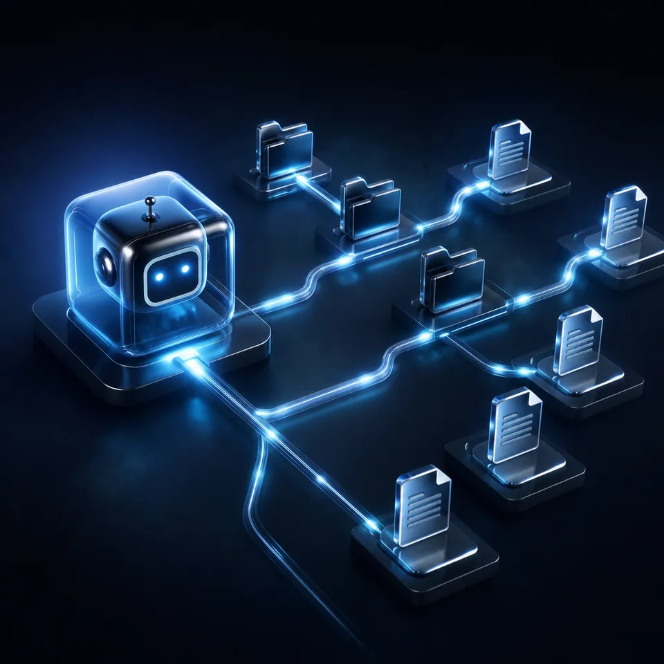 An abstract visualization of multi-agent communication and secure file sharing in a collaborative workspace