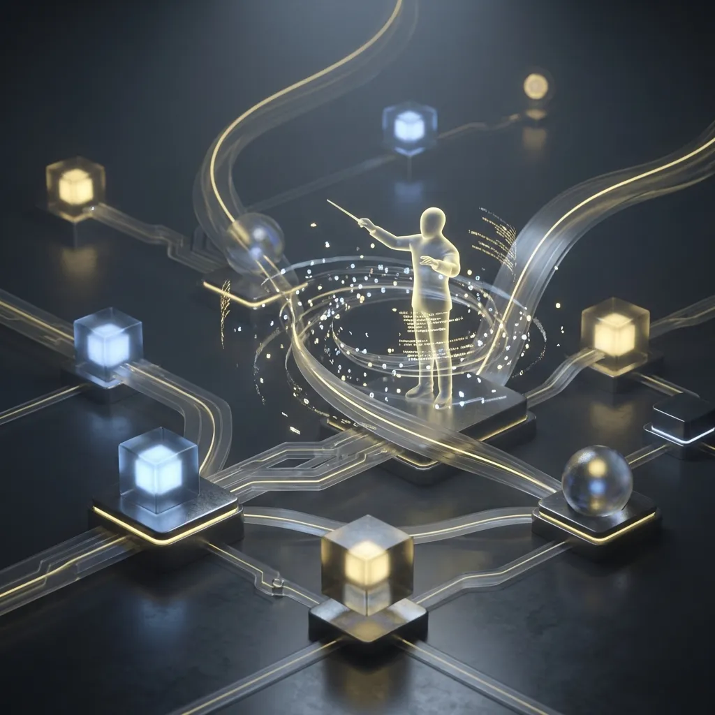Abstract 3D visualization of AI Agent Orchestration