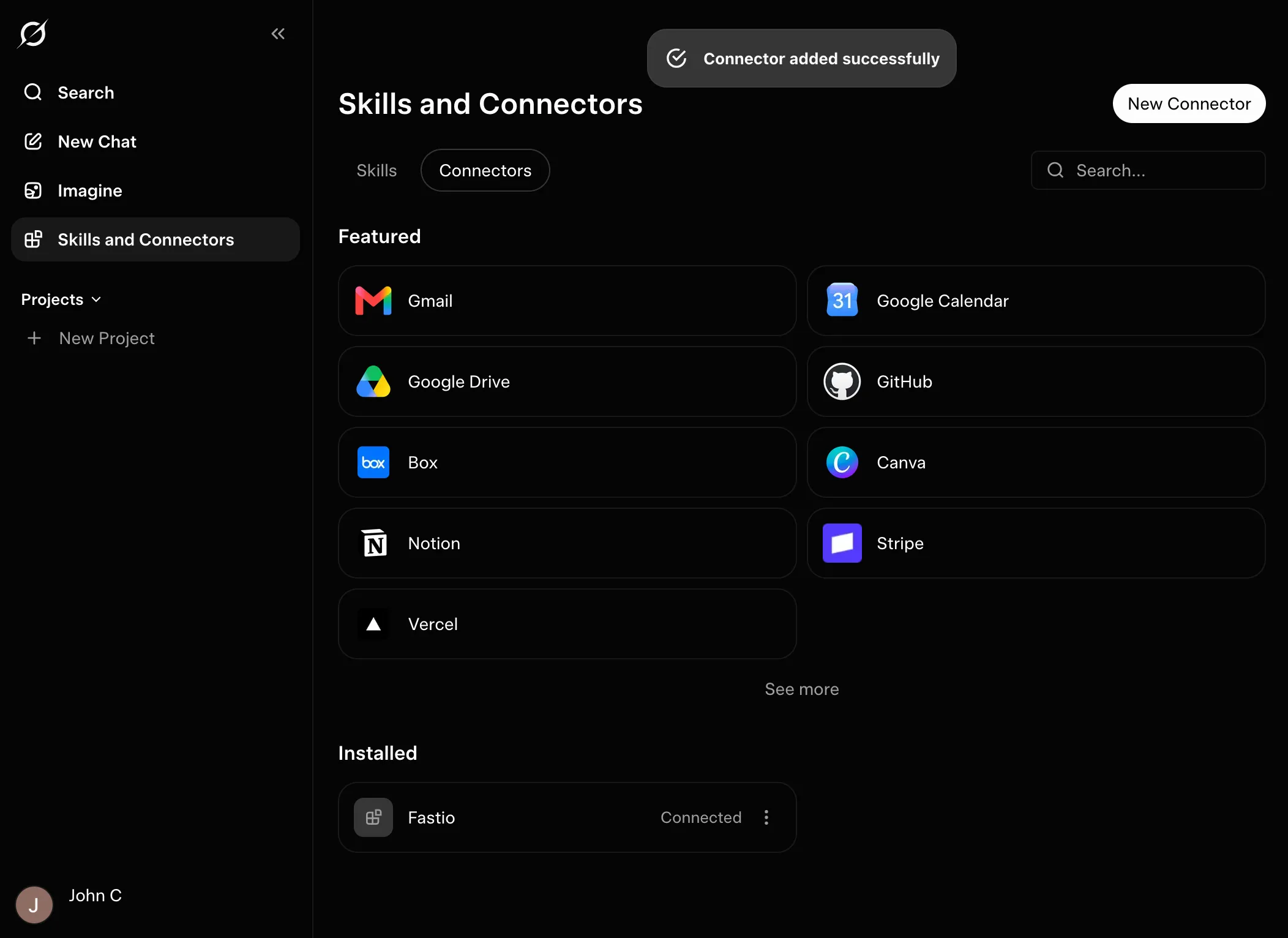 Connector added successfully toast with Fastio listed as Connected