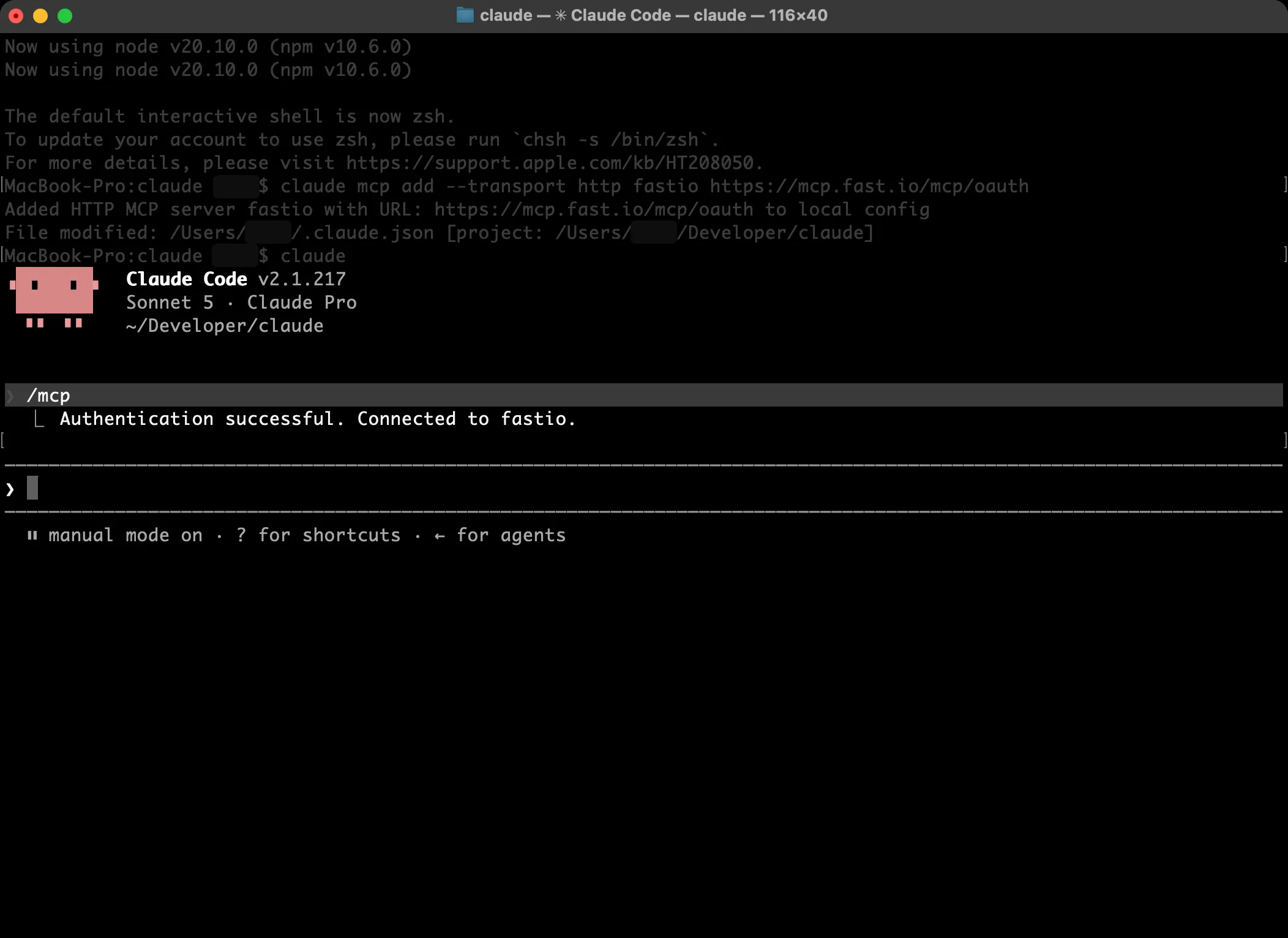 Claude Code terminal confirming authentication successful and connected to fastio