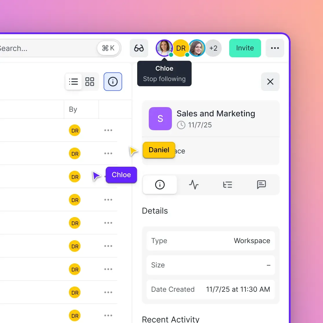 Workspace browser showing organized projects and teams
