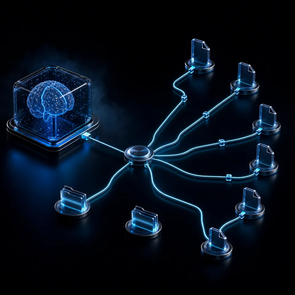 AI agent workspace with connected tools and data flows