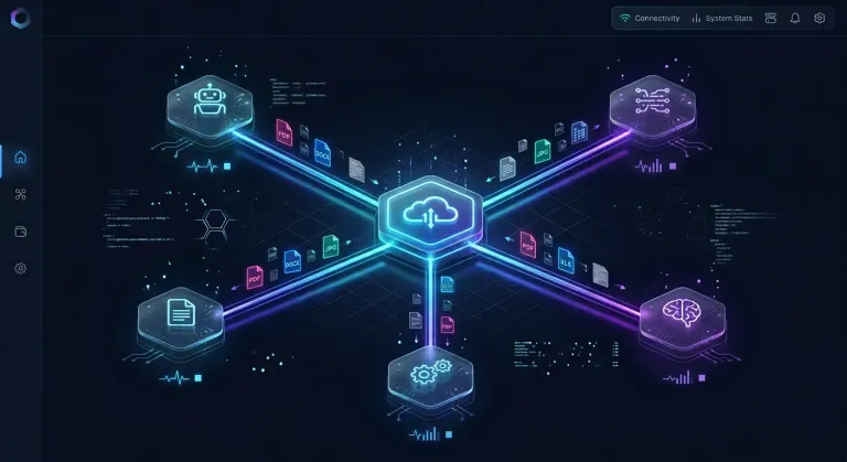 Agents and files connected to a central Fastio storage hub