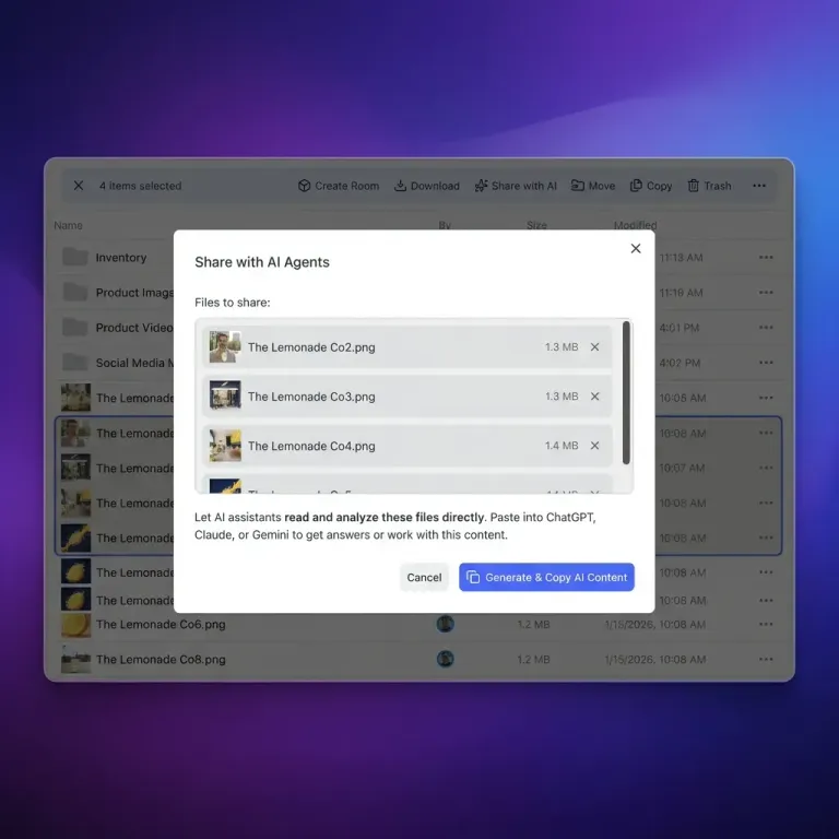 Fastio file list with a Share with AI Agents dialog open