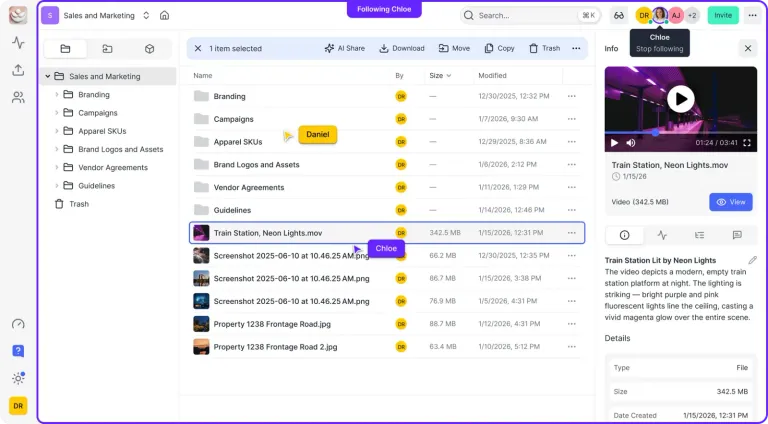 A Fastio workspace with a file preview panel and live cursors