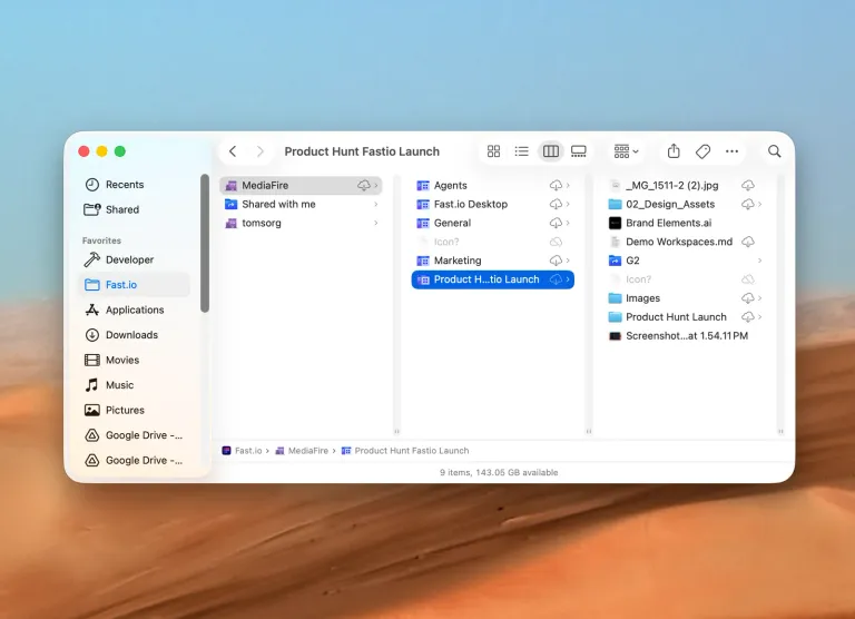 The Fastio folder in Finder with cloud download badges