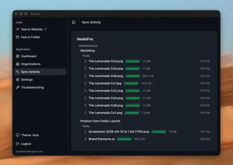 Fastio Desktop sync activity in dark mode