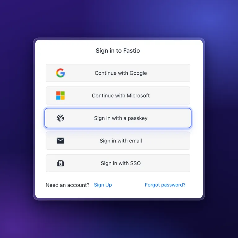 The Fastio sign-in screen with the Sign in with a passkey option highlighted