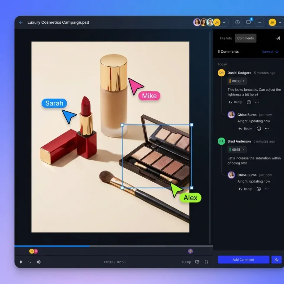 Team collaboration interface showing async comments and file feedback