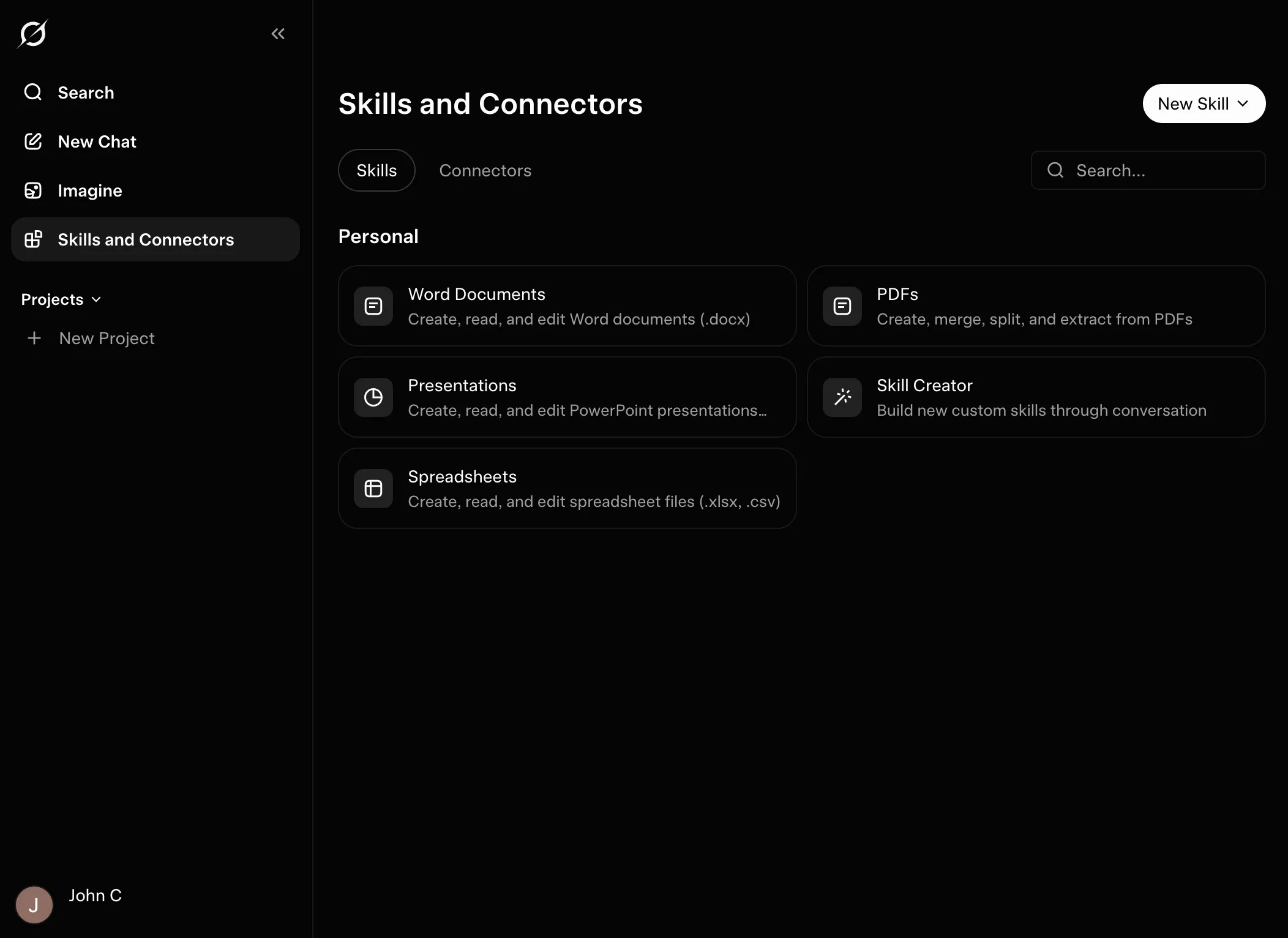 Grok Skills and Connectors page with Connectors tab