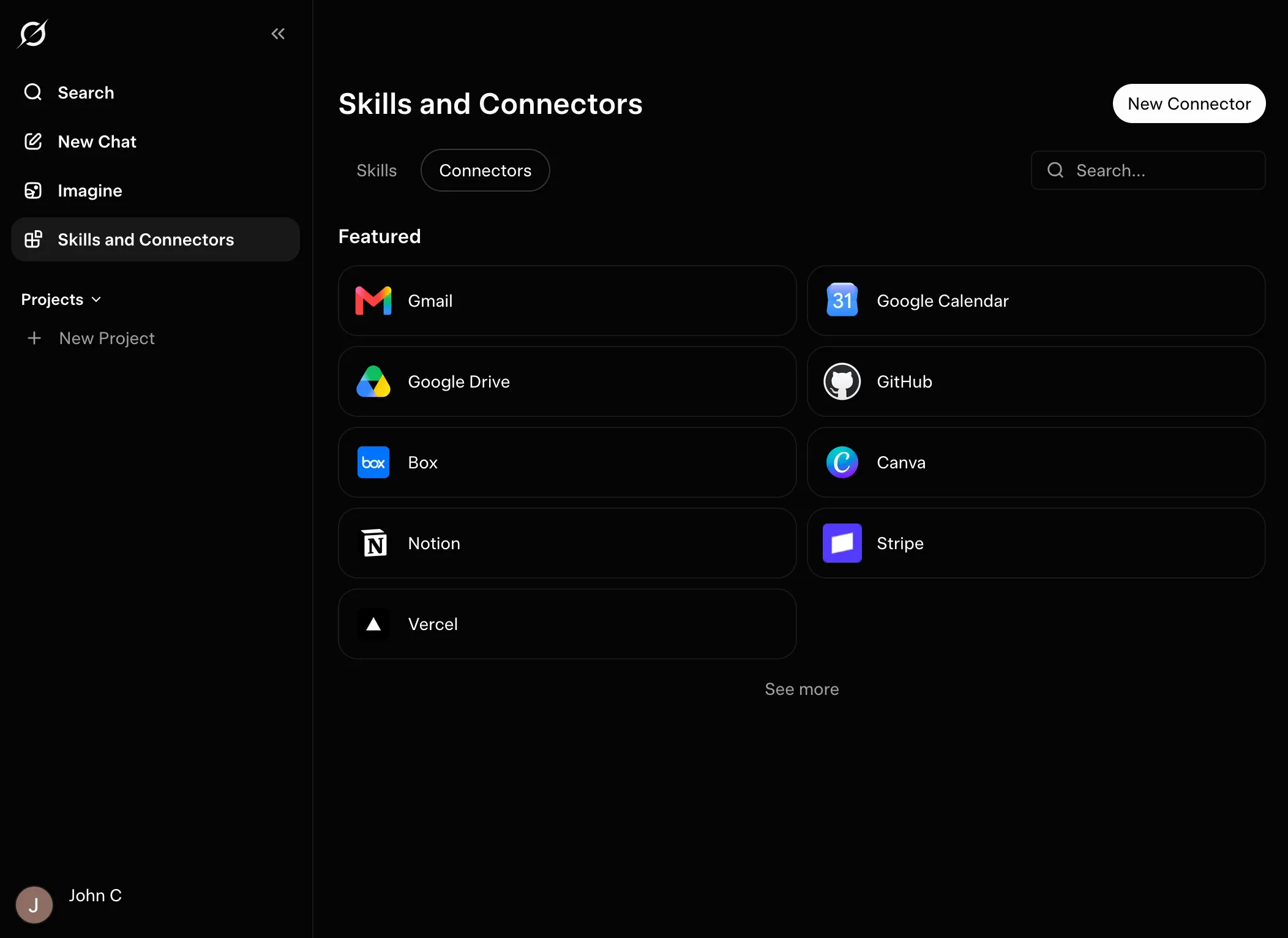 Grok Connectors tab with New Connector button