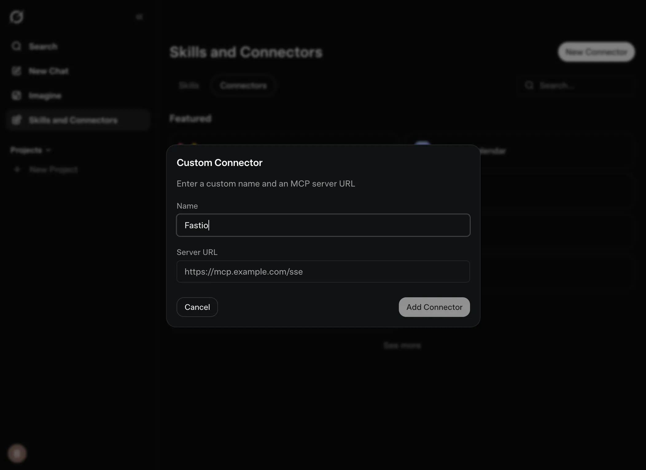 Custom connector dialog with Fastio name entered