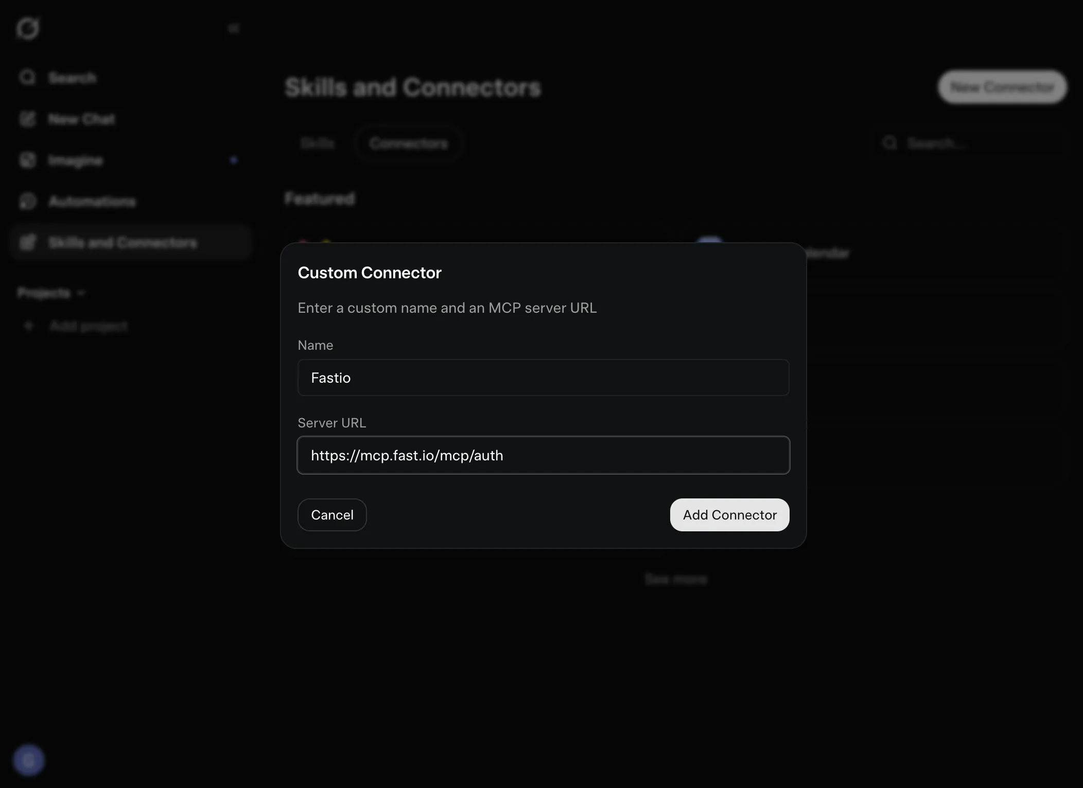Custom connector dialog with MCP URL entered