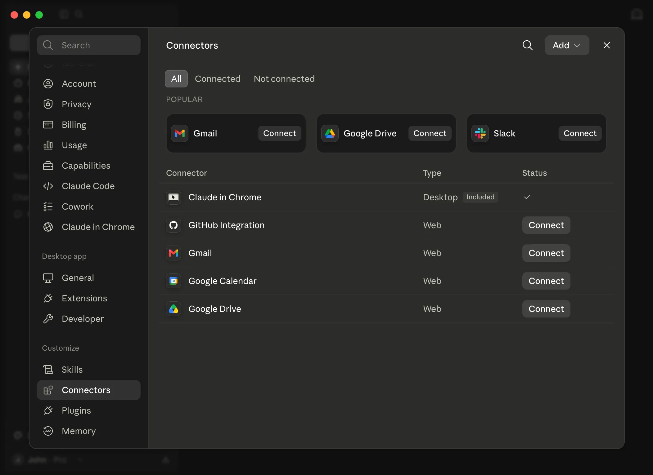 Claude Desktop Customize section showing Connectors