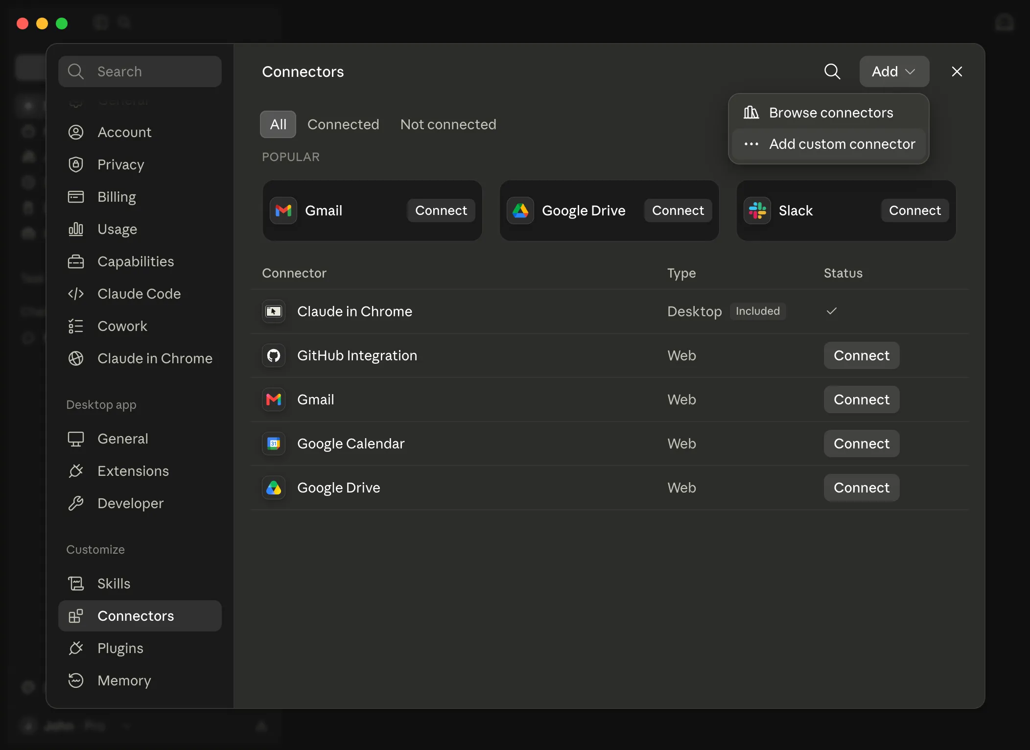 Claude Desktop Connectors page with Add dropdown open showing Add custom connector