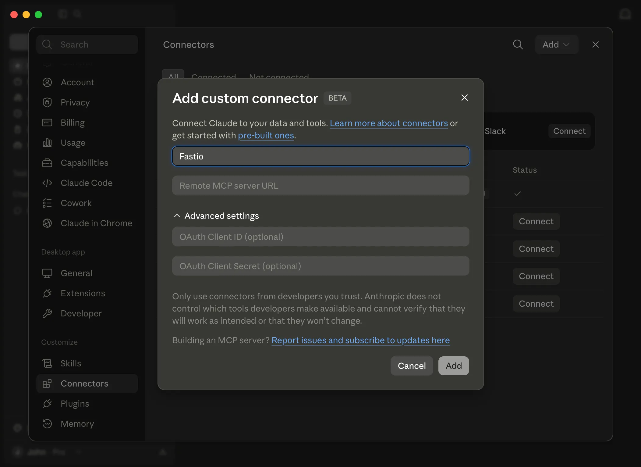 Add custom connector dialog with Fastio name entered