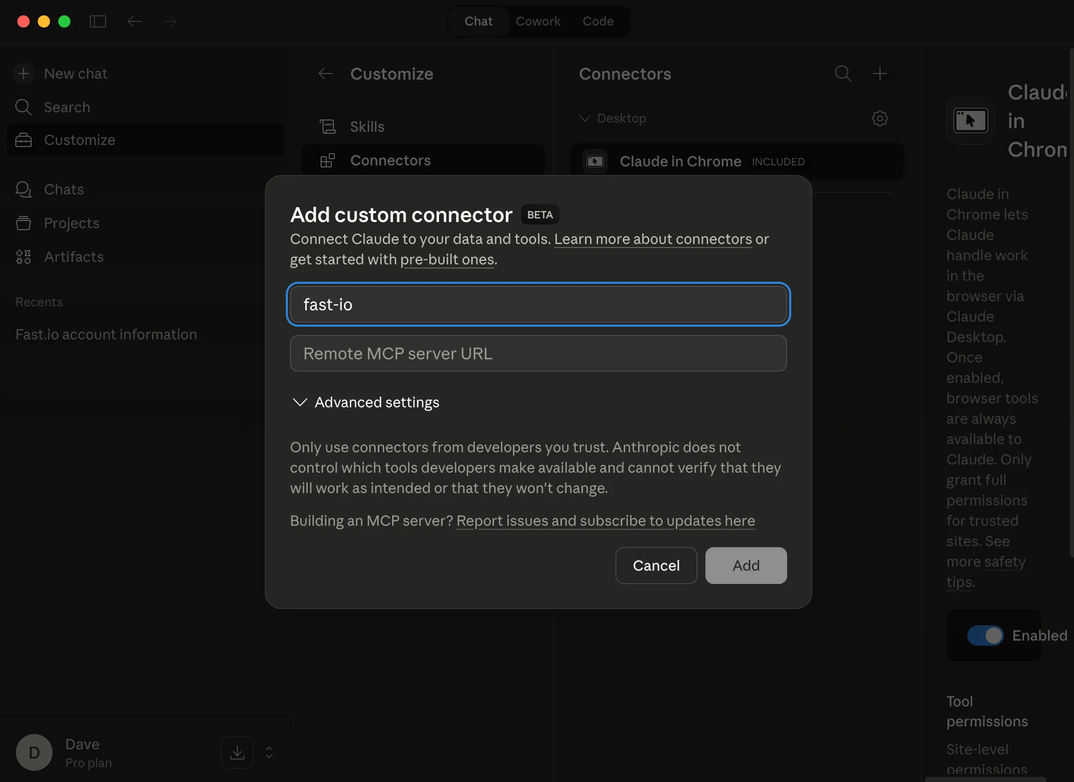 Add custom connector dialog with fast-io name entered